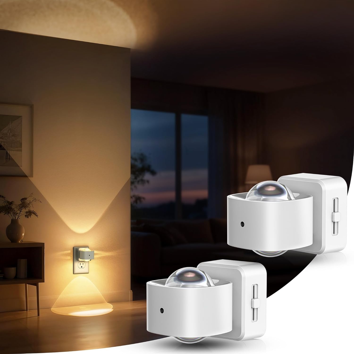 Briignite Night Light Projector, LED Night Lights Plug into Wall, 180° Rotating Night Light for Kids, Dusk to Dawn Sensor, 0-150LM Dimmable, Warm White Ambient Lighting for Bathroom, White, 2 Pack
