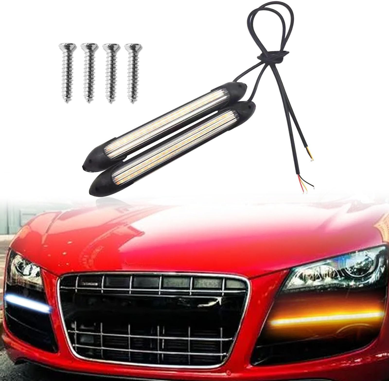 2Pcs LED Car Daytime Running Light Strip, 6.7in Super Bright Waterproof for Auto Car Motorcycle Light, 12V DRL Universal LED Strip White Yellow Turn Signal Streamer Sequential Flowing (17cm)