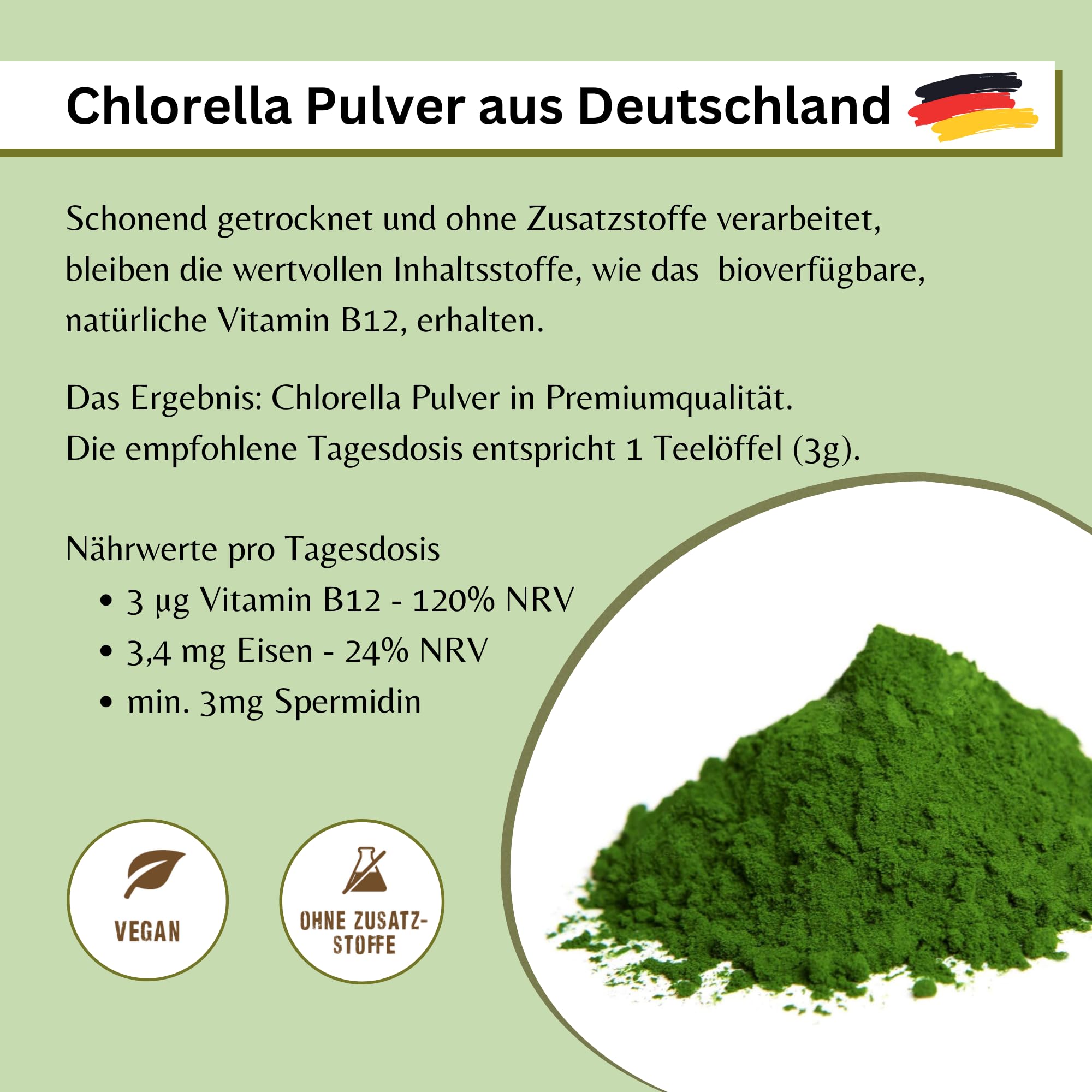 Chlorella Pulver 120g aus Deutschland - Regional, Rein & Kontrolliert (Roh Vegan) Algen reich an Vitamin B12 Eisen Spermidin Chlorophyll - Grüne Mikroalge Chlorella Vulgaris