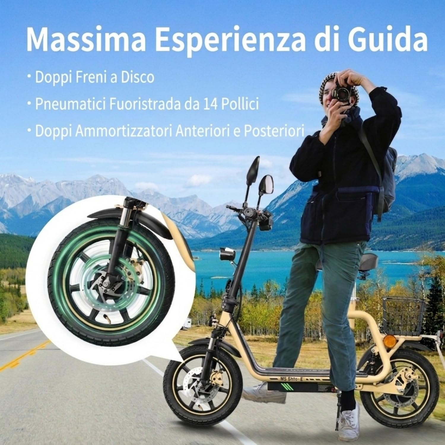 M5ELITE-E Monopattino Elettrico Pieghevole, 48V 13 Ah, 30Km di Autonomia | Limite Velocità Sbloccabile,Display,Pneumatici 14",Sedile, Bauletto,Specchietti Retrovisori,Doppia Sospensione&Freno Disco