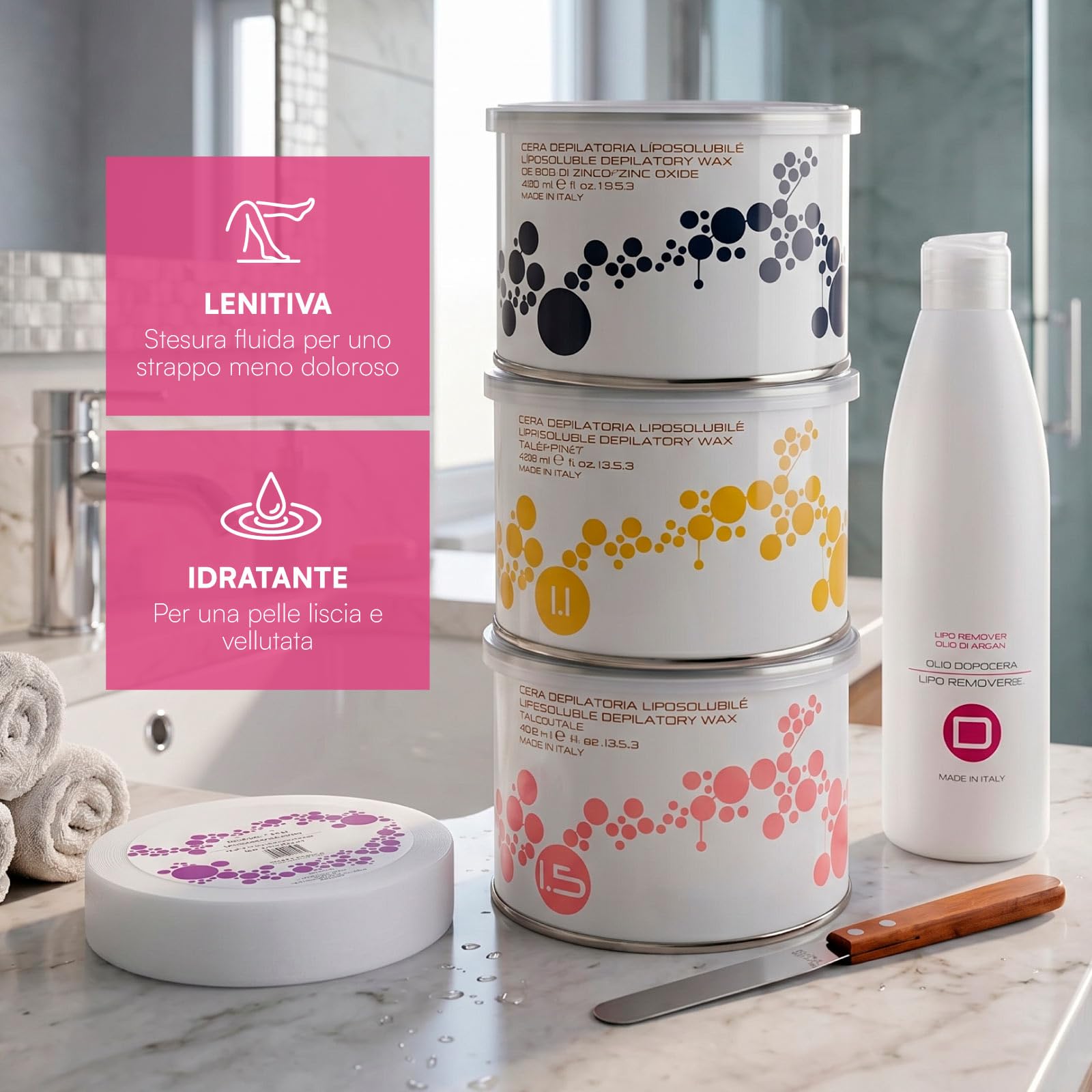 Kit Completo per Ceretta con Cera Liposolubile al Miele, Talco, Ossido di Zinco e Biossido di Titanio da 400ml + Spatola in Metallo + Dopocera Olio di Argan 250ml + Rotolo TNT 80 Metri - Set da 7