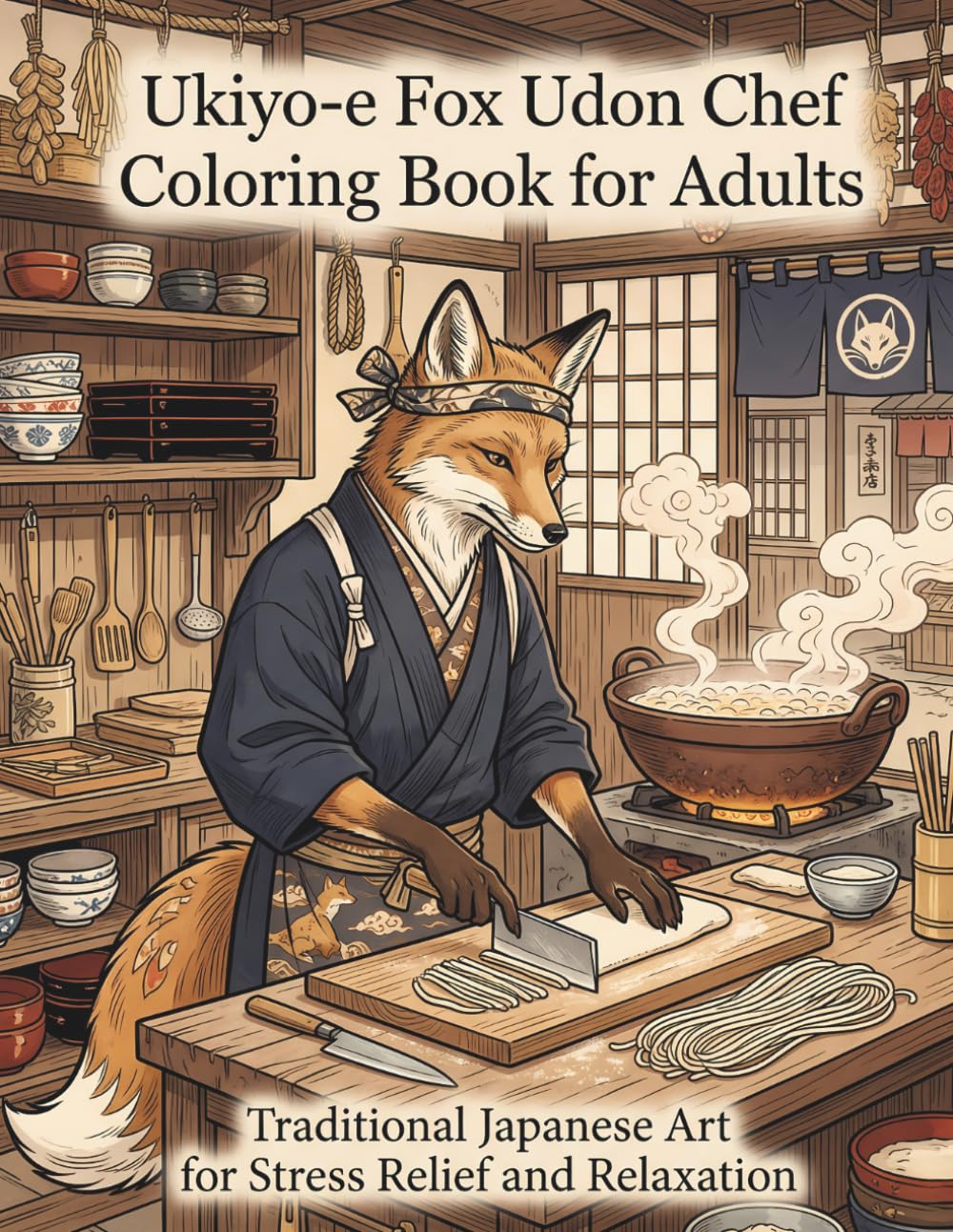 Ukiyo-e Fox Udon Chef Coloring Book for Adults: Traditional Japanese Art for Stress Relief and Relaxation