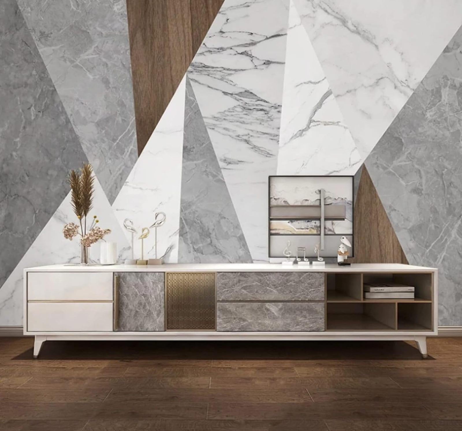 Wallpaper-3D-Xlm 150Cm×105Cm(B×H) Abstract Geometric Woodgrain Grey Marble Effect 3D Wallpaper Easy Install Feature Office Living Room Sofa Bedroom Tv Background Wall Decoration-150Cm×105Cm