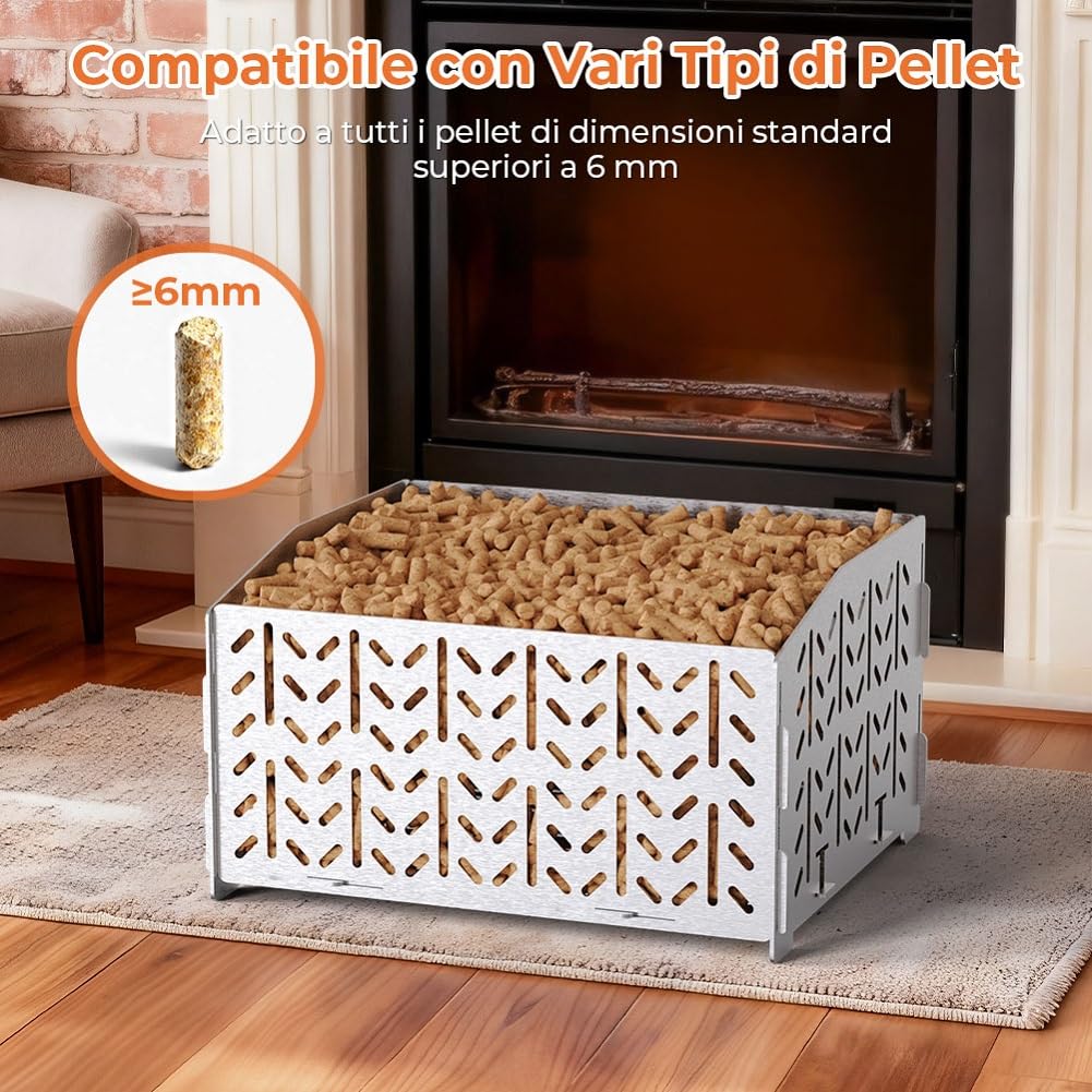 OUSFOT Cestino a pellet per caminetto in acciaio inox 430, contenitore a pellet, 30 x 25 x 17 cm, 2,8 kg, portatile, cestino granulare per intarsi, cestello per stufa a legna, camino aperto