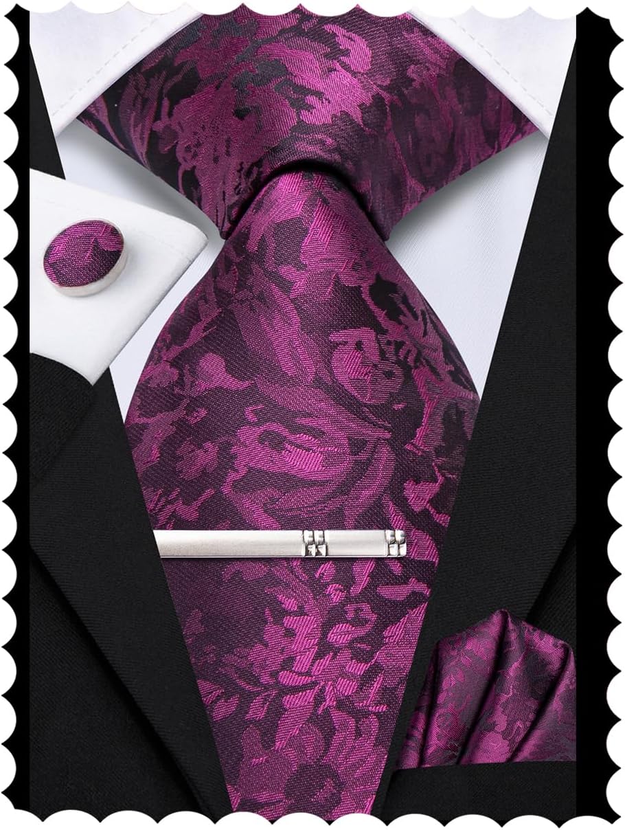 Hi-Tie Classic Mens Silk Ties Set 4 PCS Necktie Pocket Square Cufflinks Clip Pin Solid Strip Paisley Tie