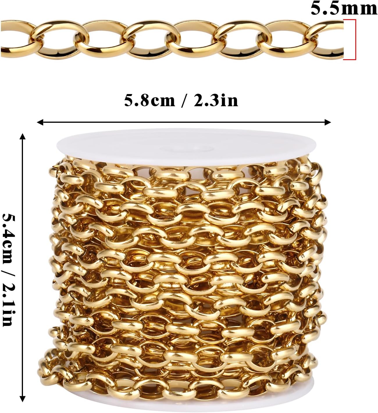 16.5FT Gold Oval Rolo Chains Roll, 5.5mm Width 18K Gold PVD Plated 304 Stainless Steel Oval Cable Link Chain Bulk Spool for Jewelry Making DIY Craft