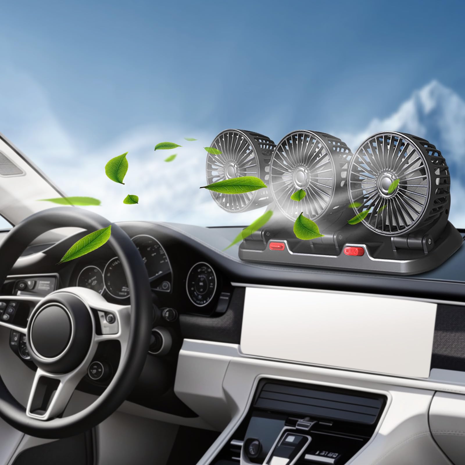 Riloer Ventilador de aire de refrigeración portátil para coche, 360 ° giratorio Circulador de Aire Eléctrico de Tres Cabezales, Ventilador USB con 2 Velocidades Ajustables para Vehículos SUVy Oficina