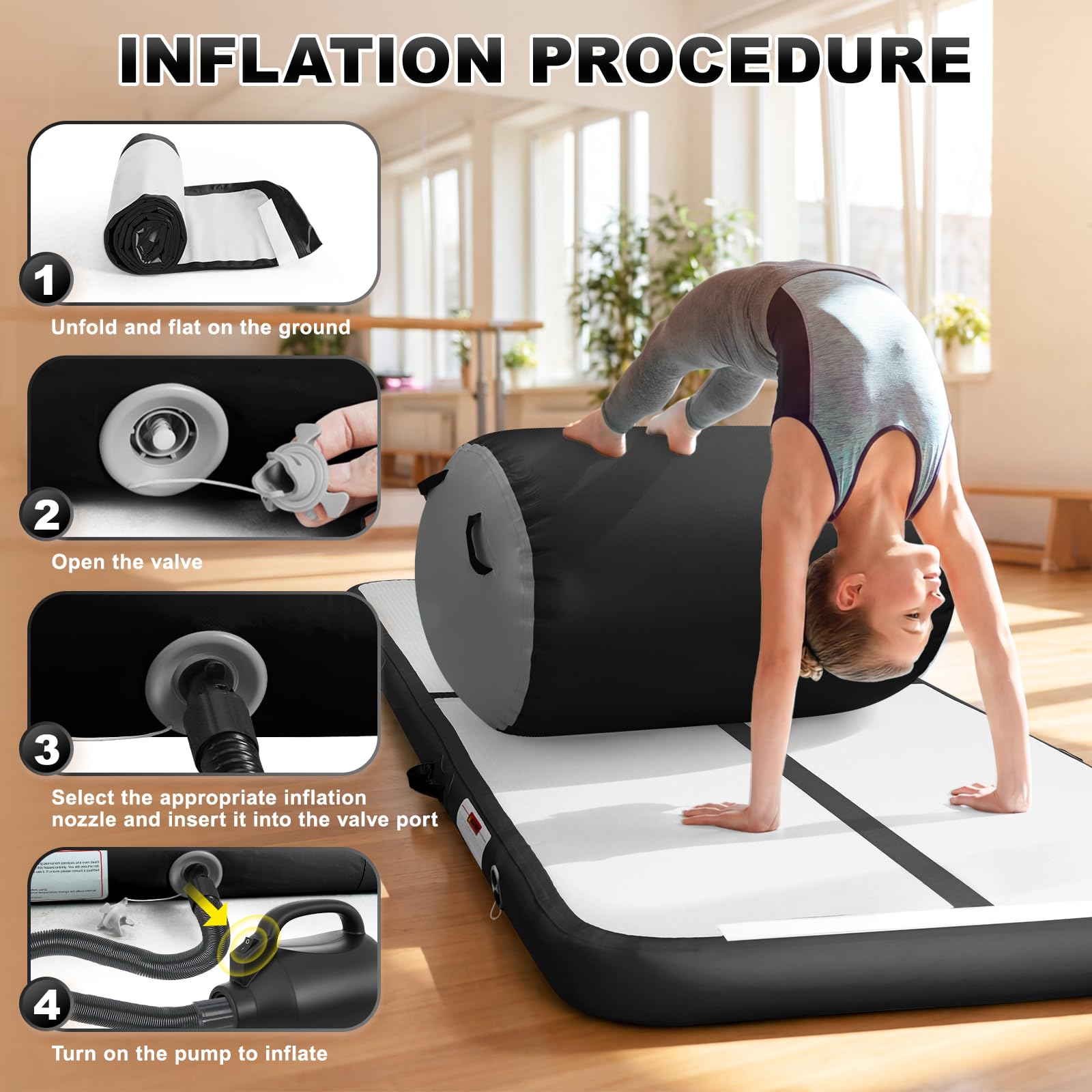 airtrack matte 10cm Hoch professionelle Tumbling Matte with air rolle turnen,3m/4m Gymnastikmatte Turnmatte with 100x60cm Air Roll | Aufblasbare Trainingsmatte mit elektrischer Luftpumpe
