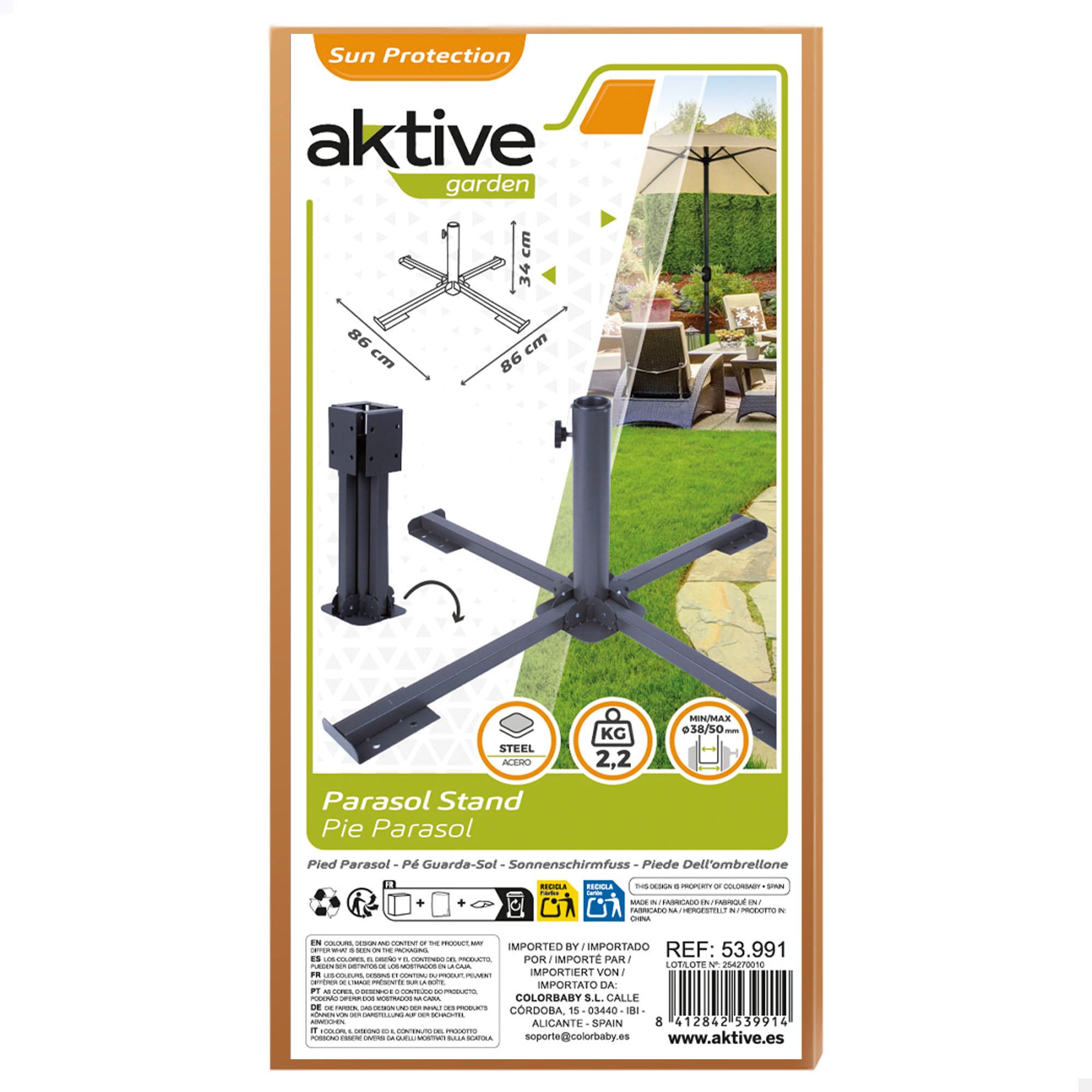 Aktive 53991 - Base ombrellone Pieghevole di Metallo 86x86x34 cm - Colore Nero