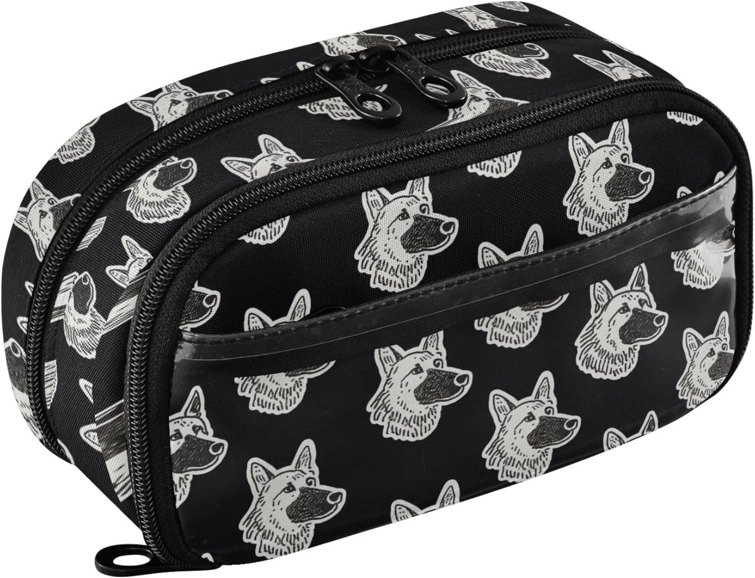 ALAZA German Shepherd Pattern Black White Large Capacity Pencil Case, Aesthetic Stationery Organizer Bag with Clear PVC Window, High Capacity Pen Pouch with Dividers for School Office Travel