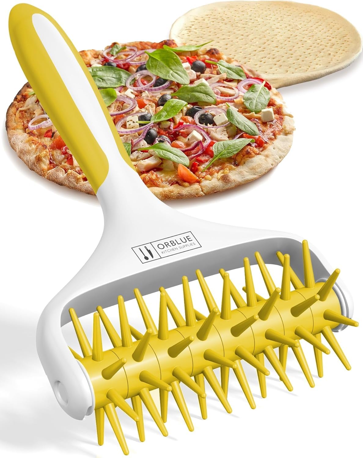 Orblue Pizza Dough Docker, Pastry Roller with Spikes, Pizza Docking Tool for Home & Commercial Kitchen - Pizza Making Accessories that Prevent Dough from Blistering, Yellow