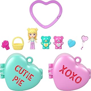 Polly Pocket x Sweethearts, Micro Doll & 2 Playsets with 7 Themed Accessories & Keychain Clip, Travel Toy, Partnership Compact
