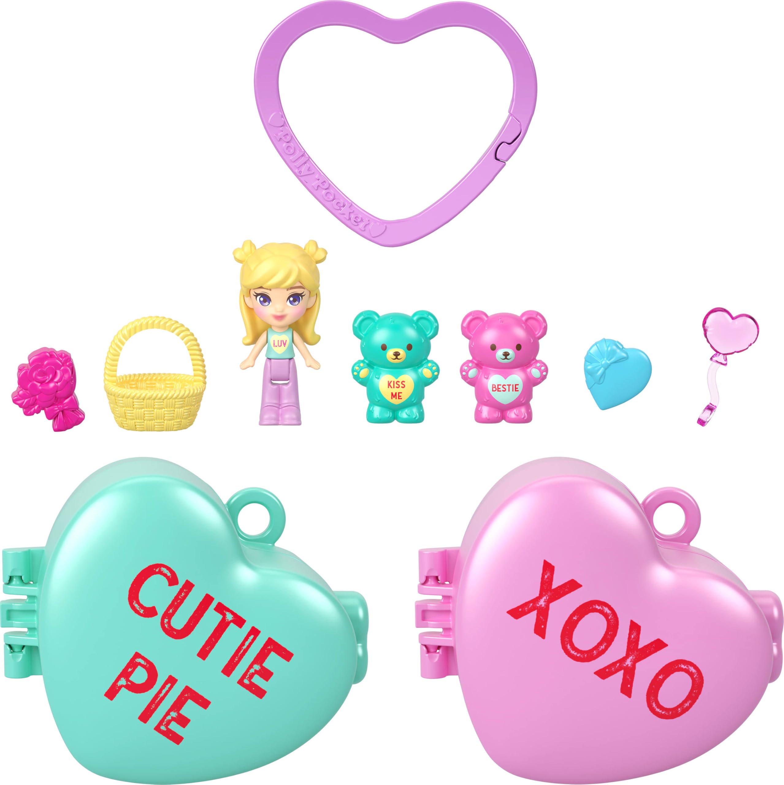 Polly Pocket x Sweethearts, Micro Doll & 2 Playsets with 7 Themed Accessories & Keychain Clip, Travel Toy, Partnership Compact