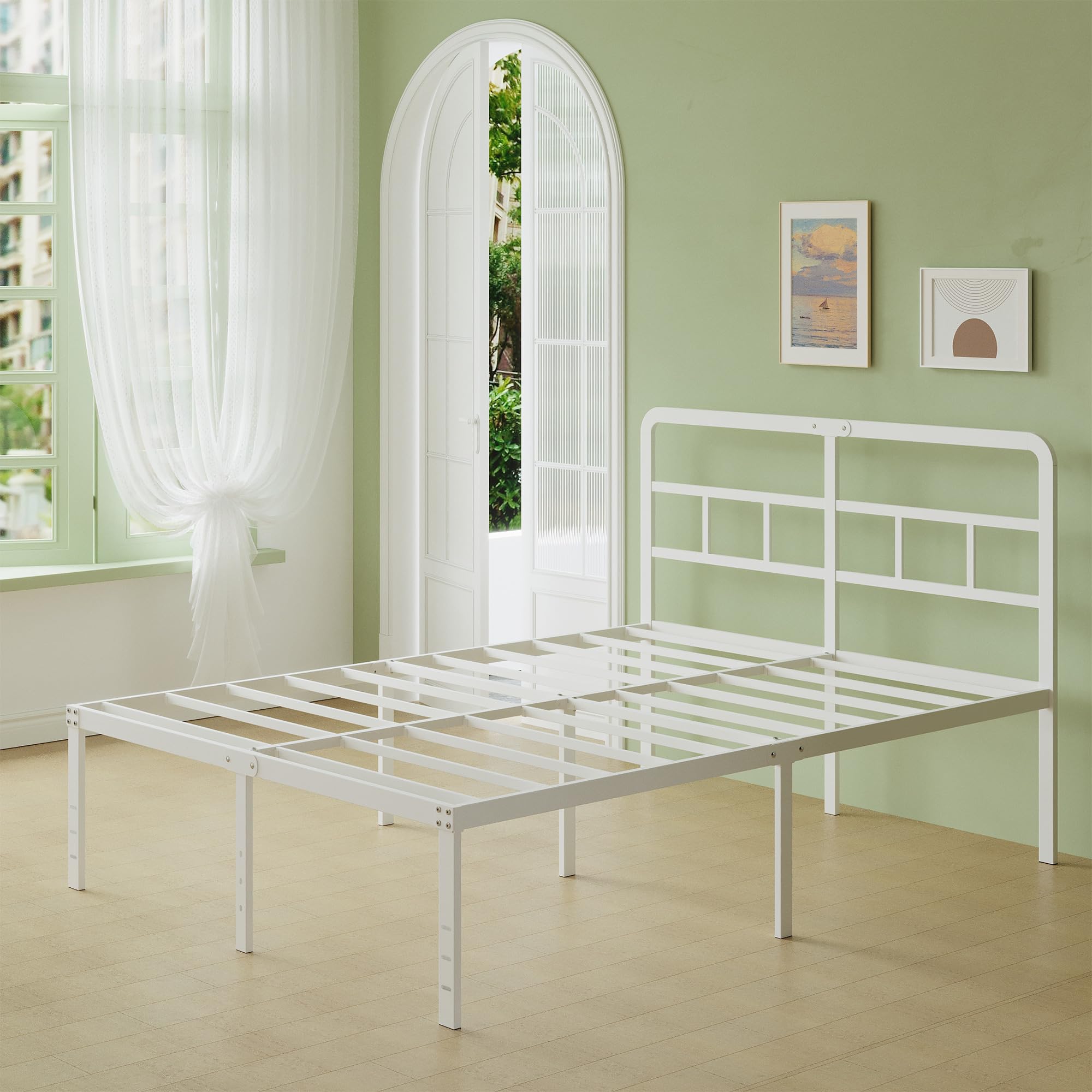 Lutown-Teen Letto una Piazza e Mezza 120x190 cm con Testiera Curva, Struttura Letto Alta 46 cm con Doghe in Metallo, Giroletto con Contenitore Sottostante, Montaggio Facile, Silenzioso, Bianco