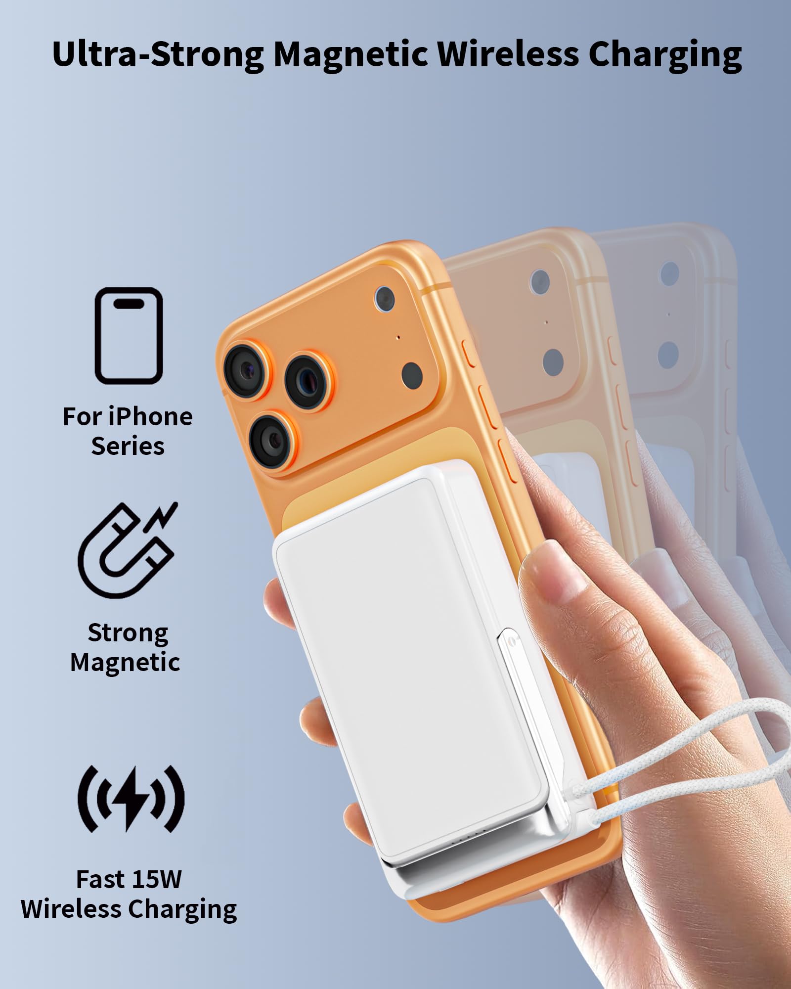 Magnetic Power Bank Wireless Portable Charger, 10000mAH Power Bank for Magsafe Battery Pack with Foldable Stand Built-in USB C Cable, 22.5W Fast Charging Travel Essential for iPhone 17 16 15 14 13 12 — view 5