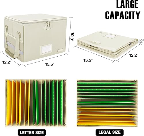 Miniatura 5 de ENGPOW Caja de archivos con cerradura, caja de documentos ignífuga con bolsillos, organizador de almacenamiento de archivos plegable, caja de