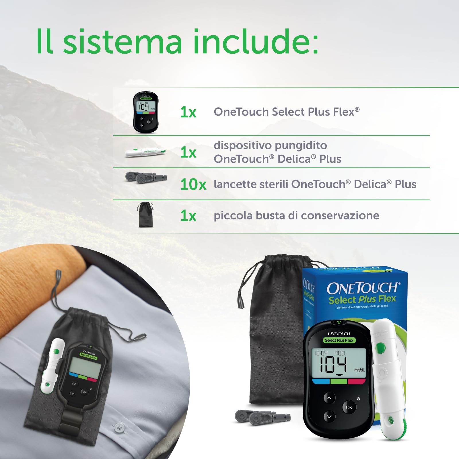 OneTouch Select Plus Flex® Glucometro | Sistema per l‘automonitoraggio della glicemia | contiene 1 glucometro, 1 dispositivo pungidito, 10 lancette sterili