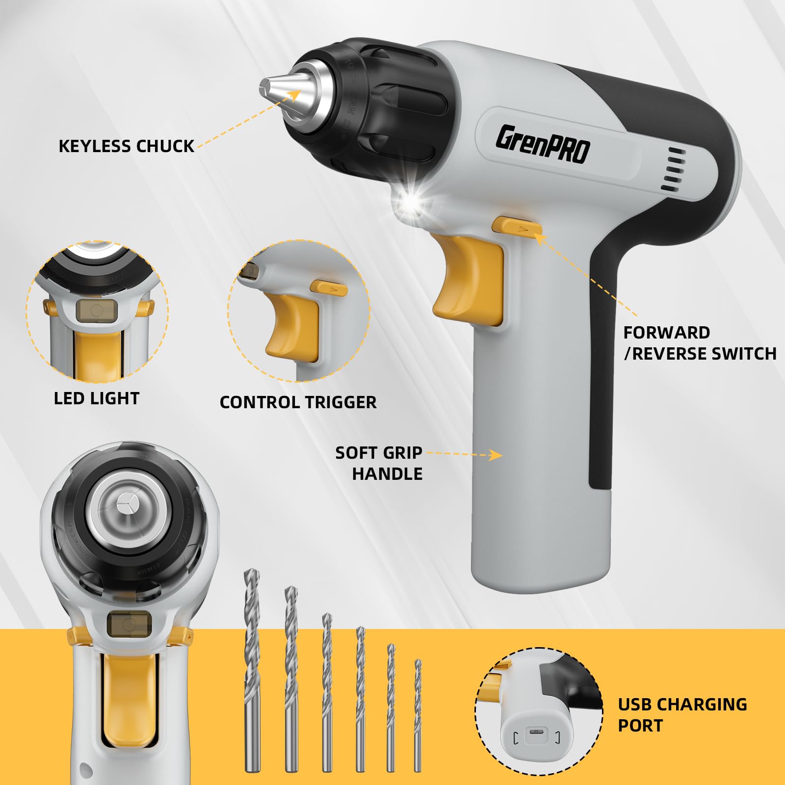 GRENPRO Set da 188 pezzi di trapano e pistola per colla a caldo, set di attrezzi per la casa con trapano senza fili bianco, cassetta degli attrezzi, kit di utensili manuali per donne e uomini e