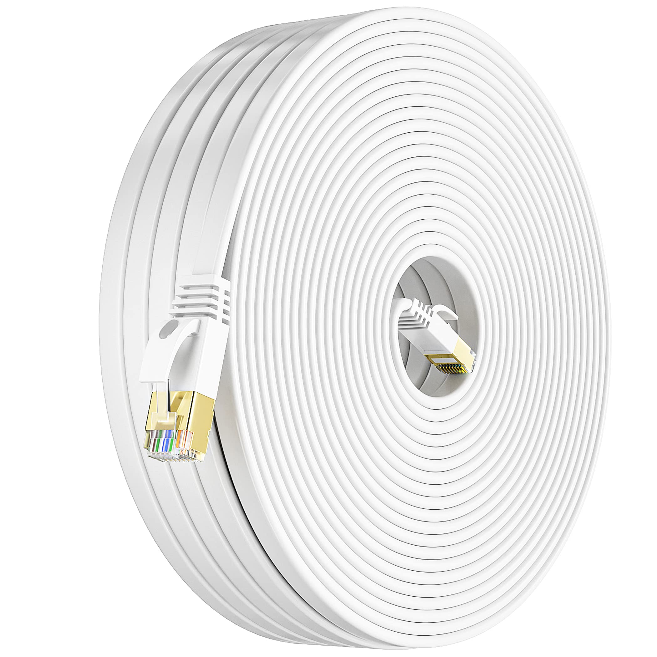 MEIPEK Cat 7 Câble Rj45 Blindé 50m, Câble Ethernet 50 Mètres Cable Réseau Plat Haut Débit Fibre 10Gbps 600MHz LAN Internet Long Blanc Fil Ethernet pour Routeur Modem