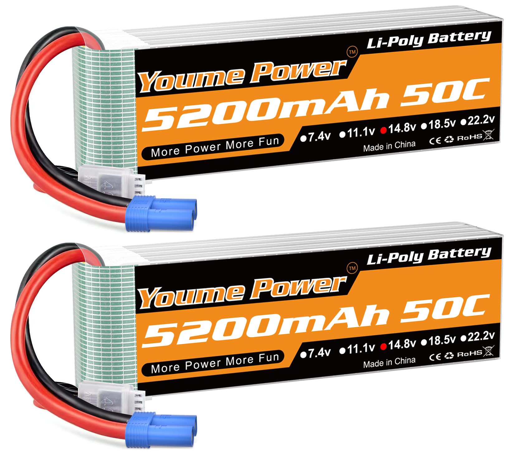 Batteria Lipo 4S da 5200 mAh, 14,8 V, connettore EC5 50C per auto RC, camion, truggy, drone, aereo, UAV modelli di barche (2 confezioni)