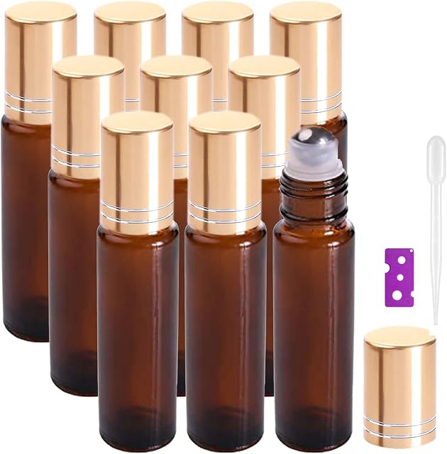 Yalbdopo Essential Oil Roller Bottles - 10 Pcs, 10ml Refillable Amber Glass Roll on Bottles with Gold Lids, 12 Pcs Labels, Dropper & Opener Included - Perfect for Fragrance, Lotion, Aromatherapy