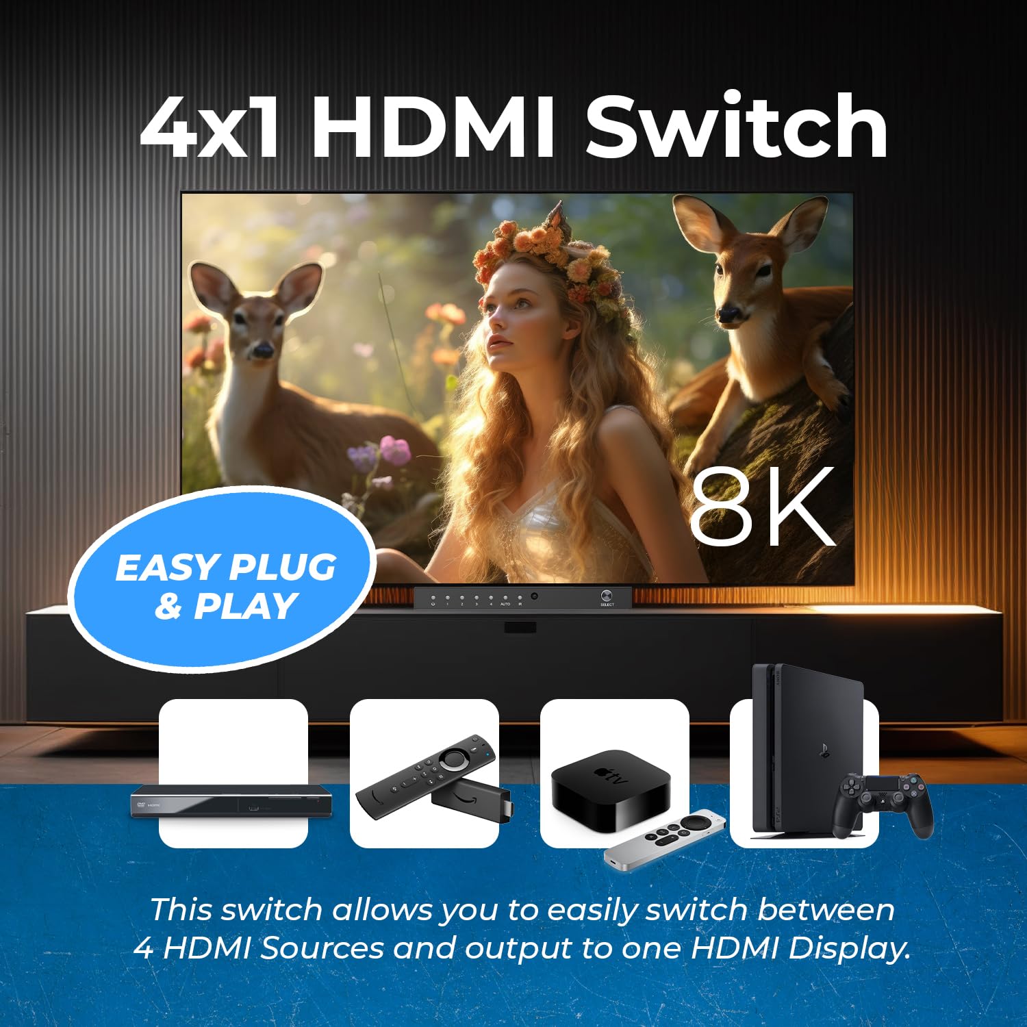 OREI Commutateur HDMI 4K 4 x 1, commutateur Arc Audio Extracteur Prend en Charge jusqu'à 4K 2K 30Hz 1080P IR Télécommande