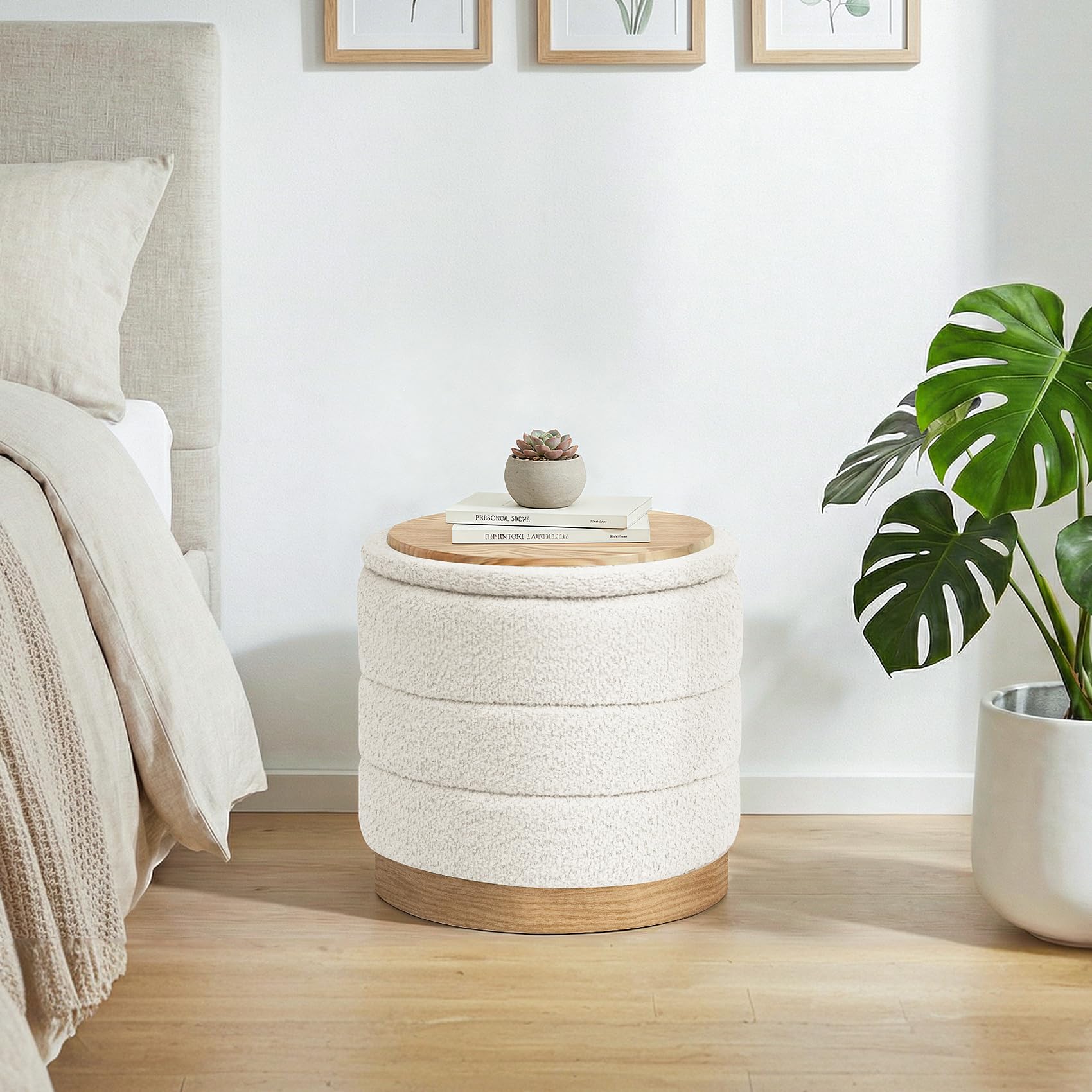 Bonlife Pouf avec rangement et plateau, Pouf rond pliable, Banc de pieds pour salon, chambre à coucher, couloir, Chenille, Socle en similicuir à motif bois, Blanc, 39X39X37 cm