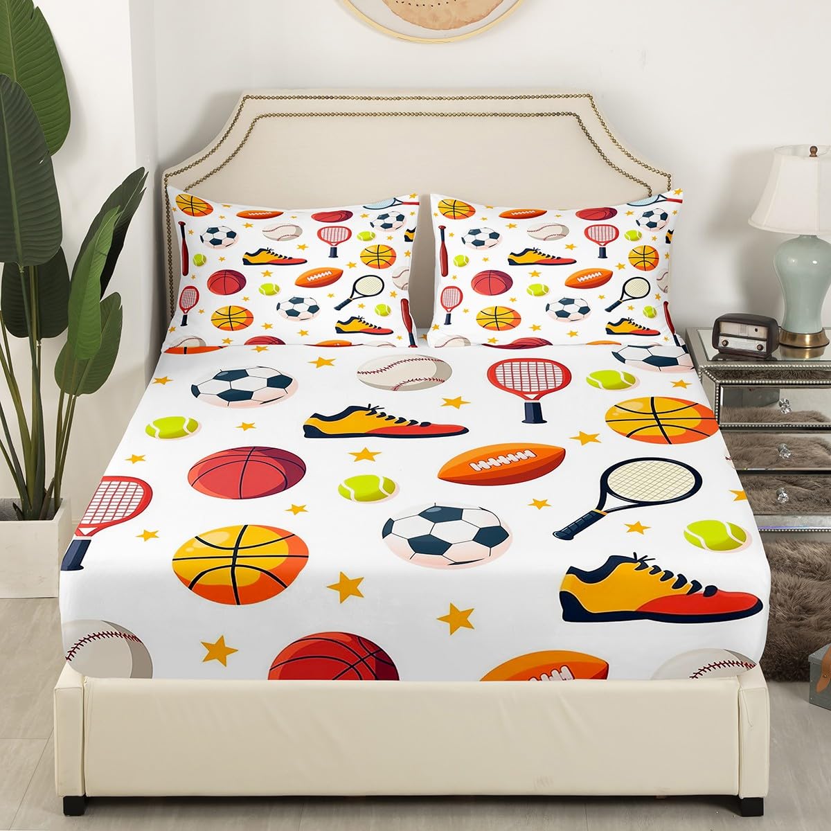 Boys Sports Fitted Sheet Twin Size,Basketball Baseball Soccer Rugby Mattress Cover for Bedroom,Cartoon Ball Games White Polyester Bed Cover (No Top Sheet),1 Fitted + 1 Pillowcase