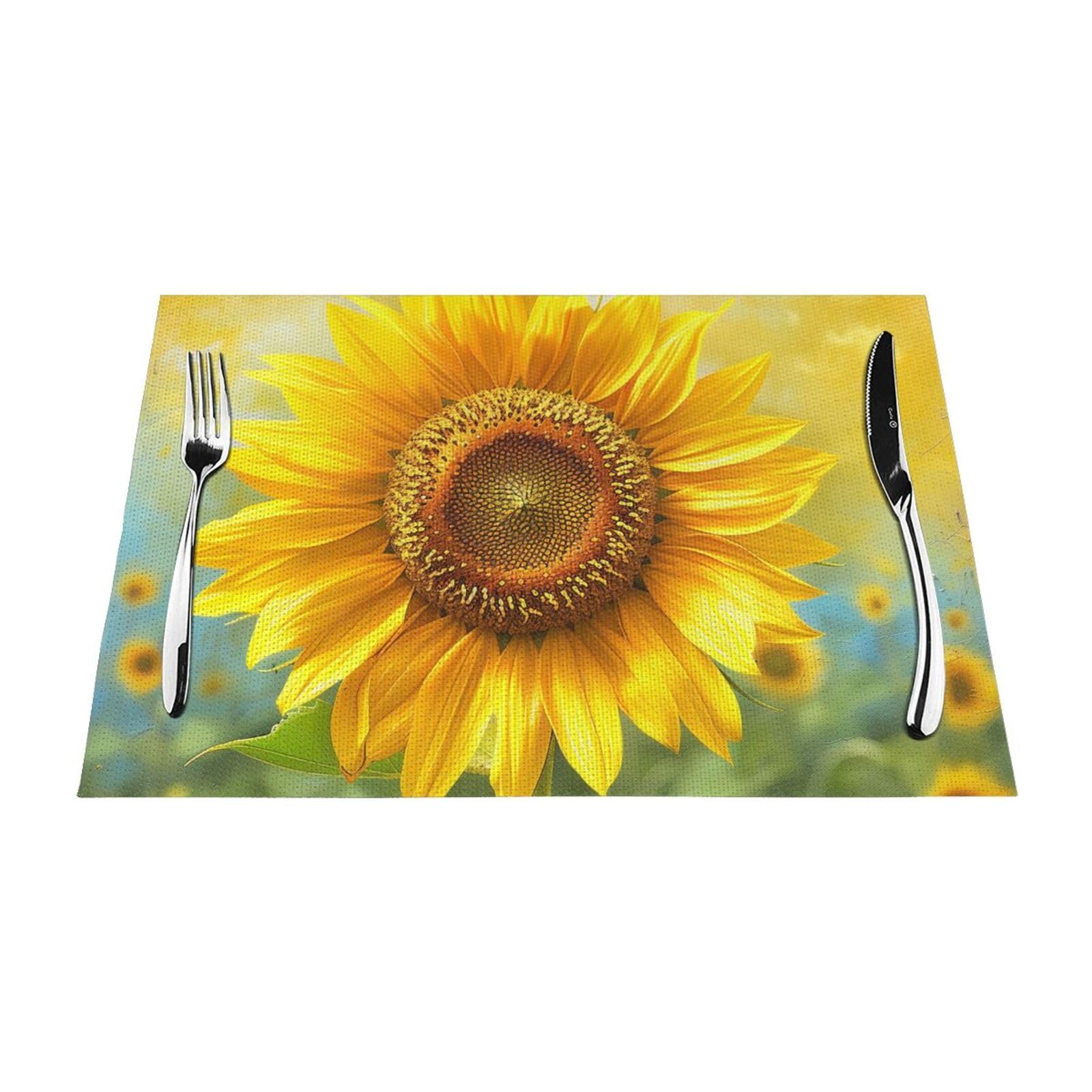 Sunflowers Printed PVC Placemat 6 PCS for Kitchen Dining Table Heat-resistand Washable Table Mats 18x12 in