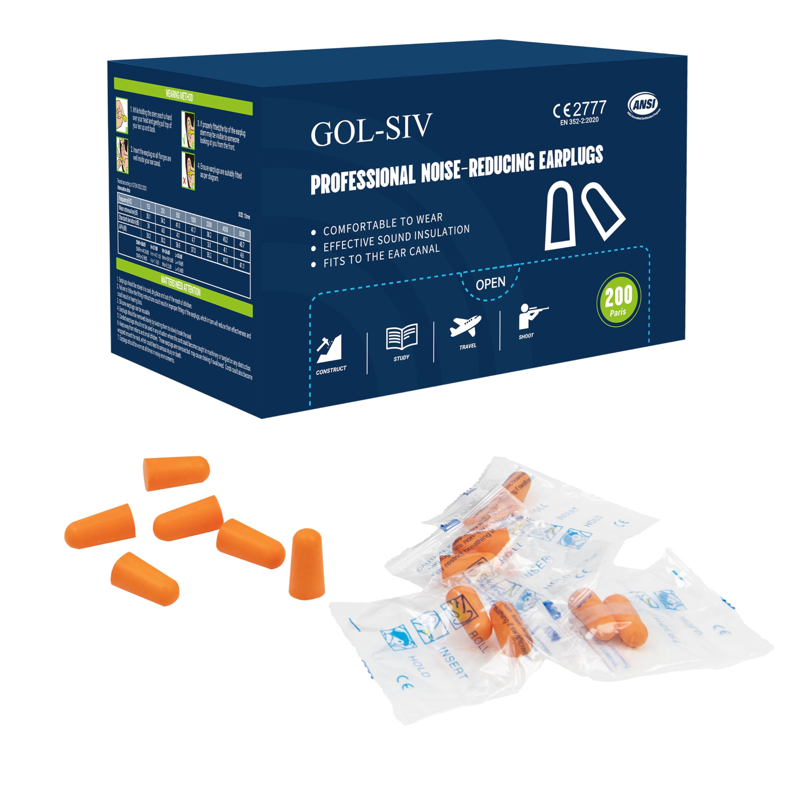 GOL-SIV 200 Pairs Foam Ear Plugs - 38dB(NRR 33dB) Noise Reduction Disposable Earplugs for Shooting, Sleeping, Work & Construction Site