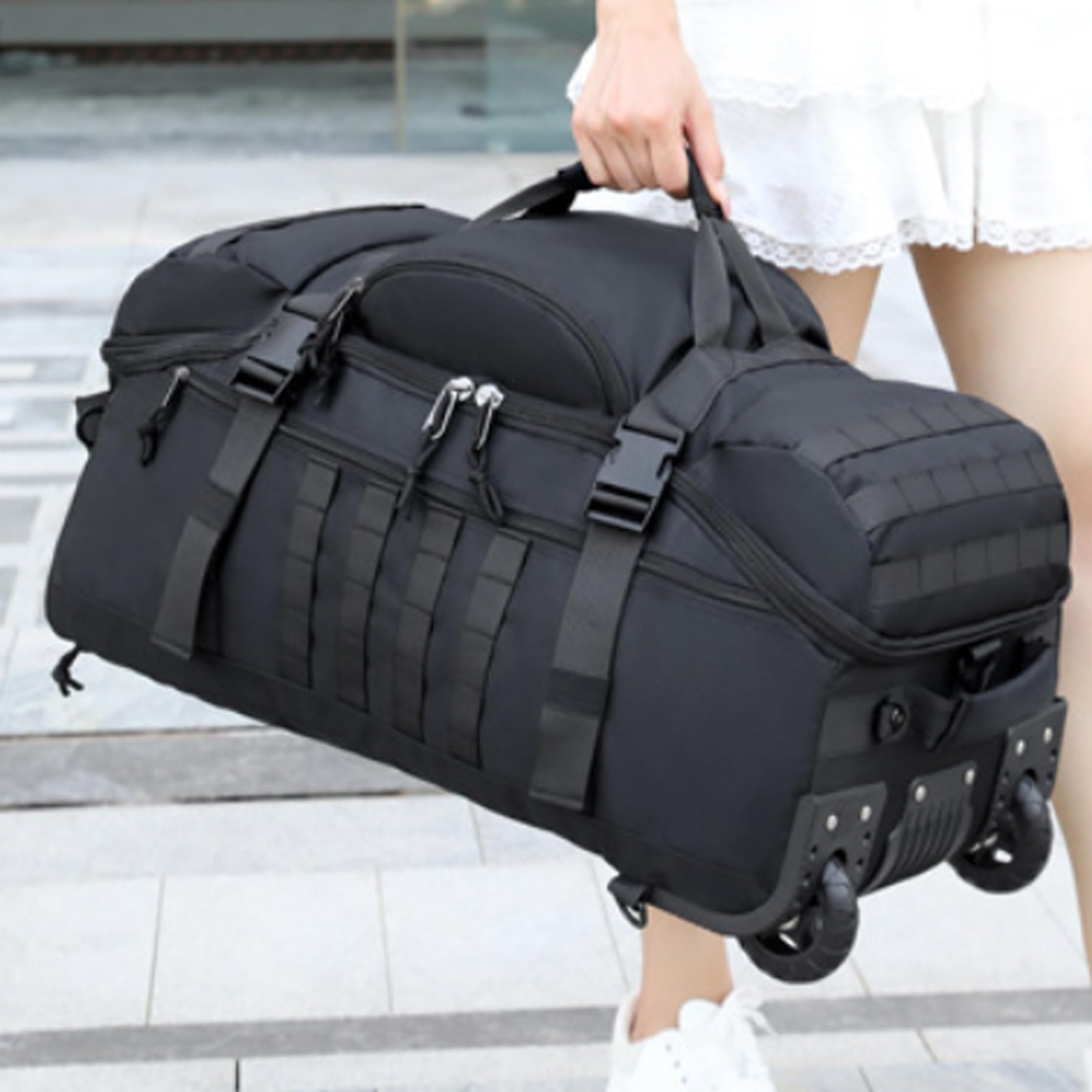 Bolsa de viaje con ruedas, bolsa de viaje con ruedas de 80 litros de gran capacidad, equipaje con y múltiples formas de transporte para escalada, senderismo, viajes, negro.
