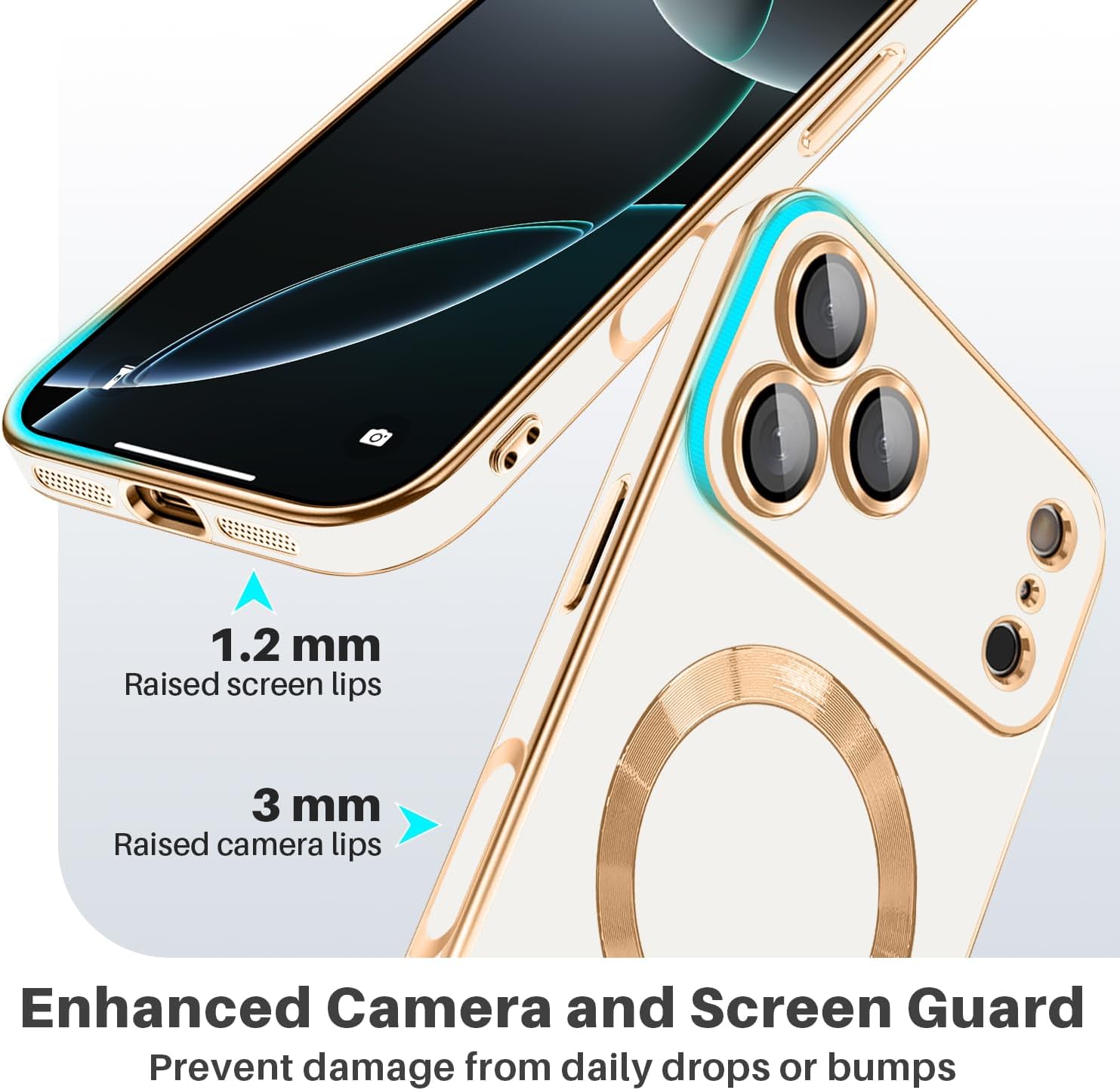 Dinick Designed for iPhone 17 Pro Max Case with Magnetic [Built-in Camera Cover] Compatible with MagSafe Soft TPU Glitter Cover Anti-Scratch Protective Slim for iPhone 17 Pro Max Case White and Gold - Image 4