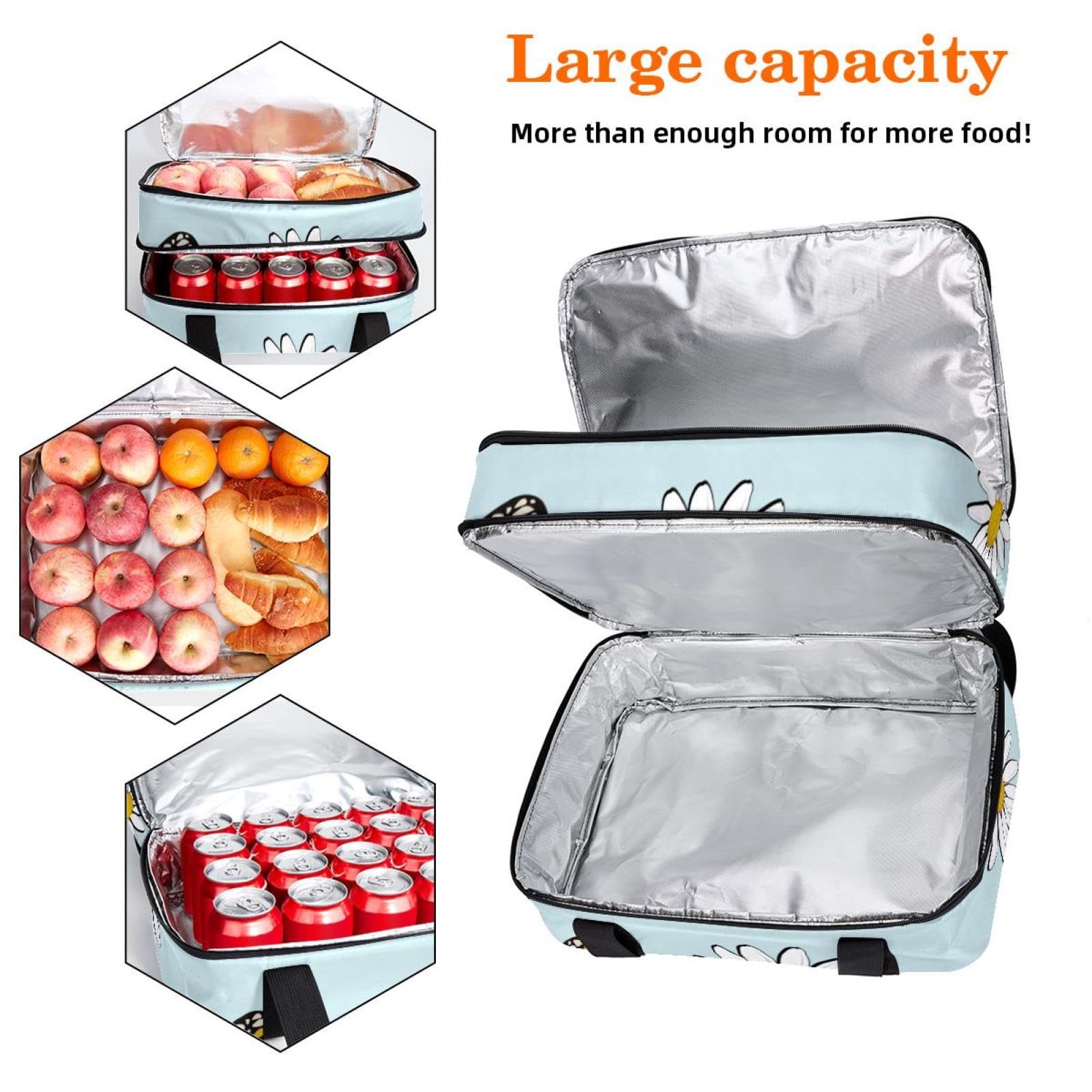 Grand sac à déjeuner isotherme pour homme et femme, double couche, étanche, étanche, réutilisable, sac fourre-tout pour le travail, l'école, le pique-nique, la plage, le camping, les voyages, papillon