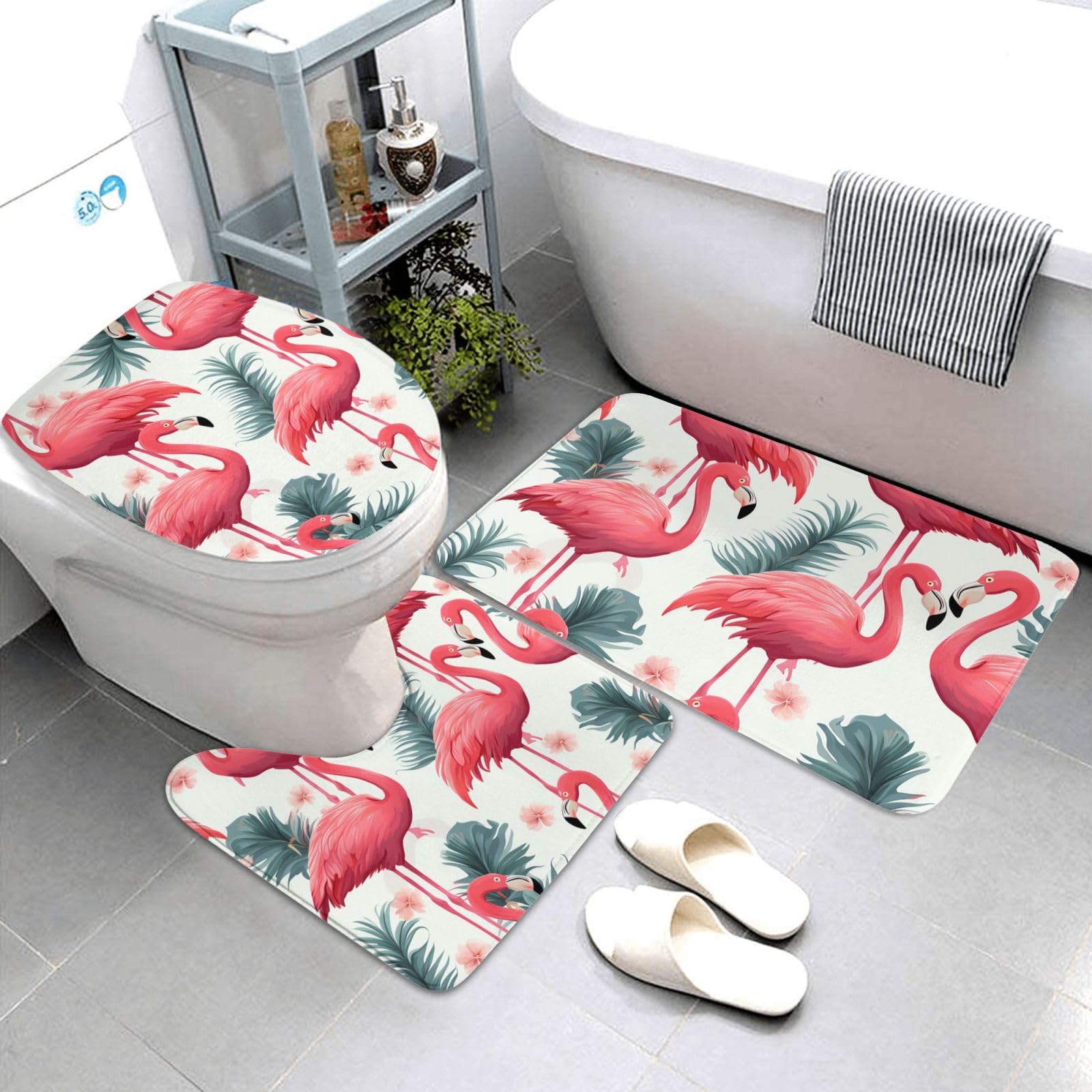 Set di 3 tappetini da bagno con motivo fenicottero rosa in flanella morbida antiscivolo con coperchio per la decorazione della casa
