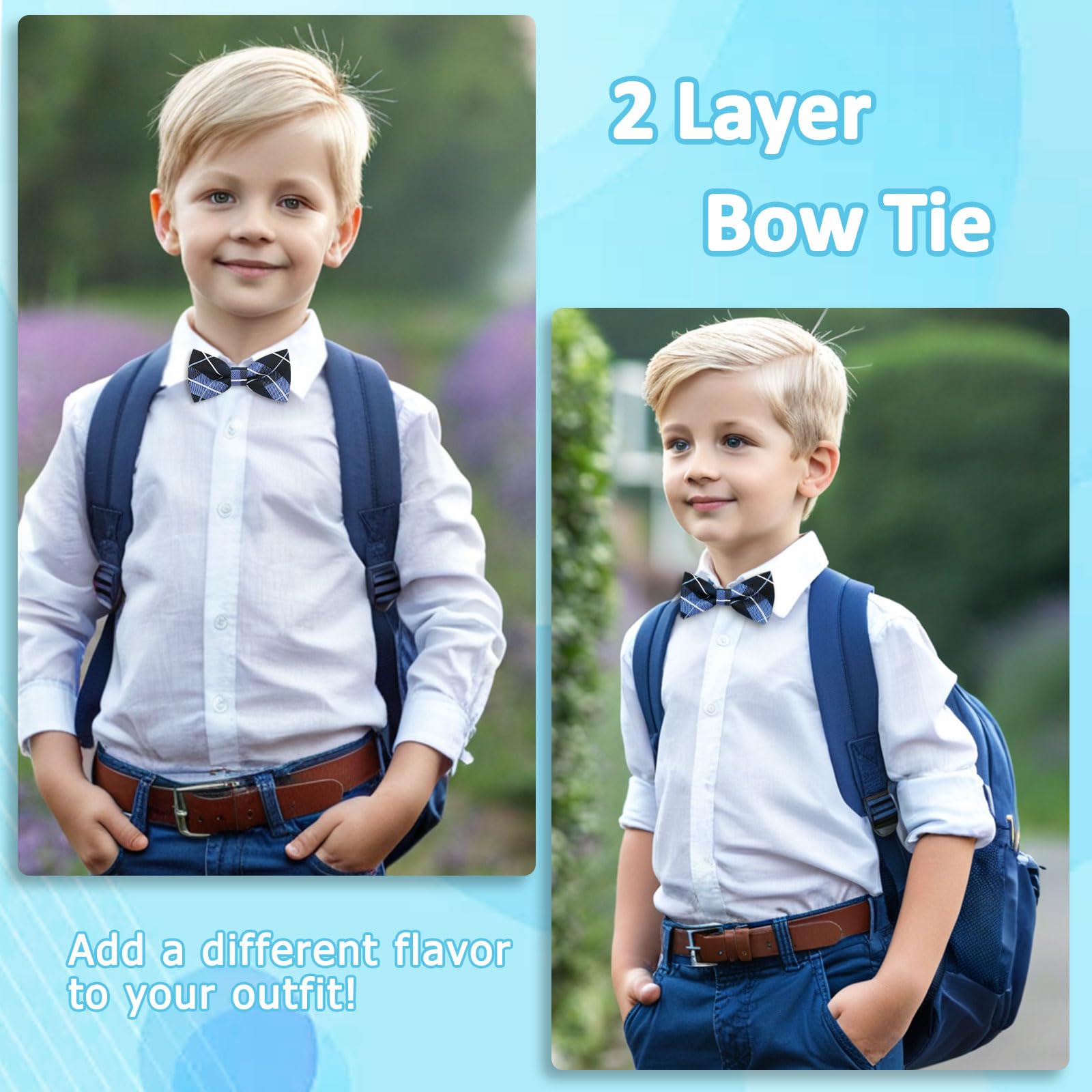 LJBFNN Boys Bow Tie, Kids Bow Ties for Boys 4-7, Pre-tied Clip on Kids Toddler Bowtie for Girls School Party Wedding Concert (Plaid: Blue)