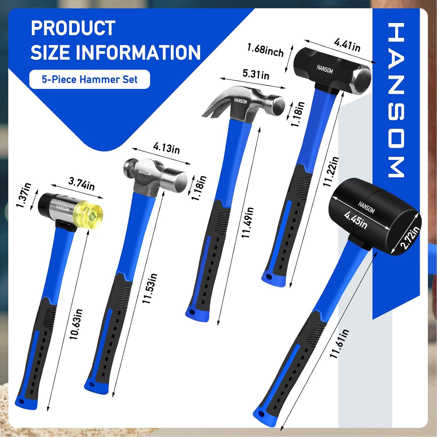 HANSOM 5-Pack Hammer Set,Rubber Mallet 32oz, Double-Faced Mallet 22oz,16oz Claw Hammer,16oz Ball Peen Hammer,3lb Sledge Hammer,Ergonomic Handle - Image 3