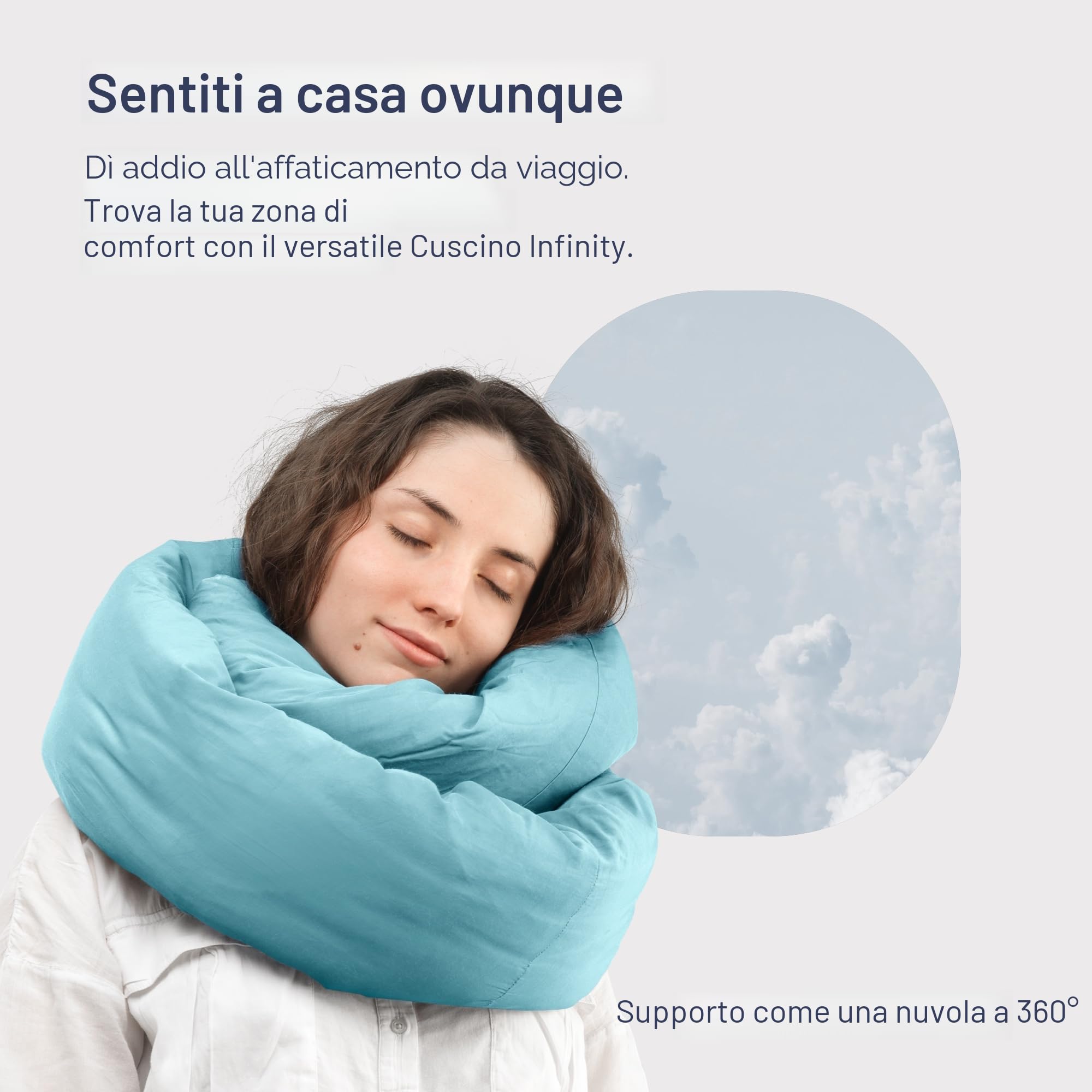 Huzi Infinity Pillow - Cuscino da viaggio per il collo, versatile e morbido, con supporto a 360°, lavabile in lavatrice, per casa, viaggi, volo, viaggi su strada (blu arioso)