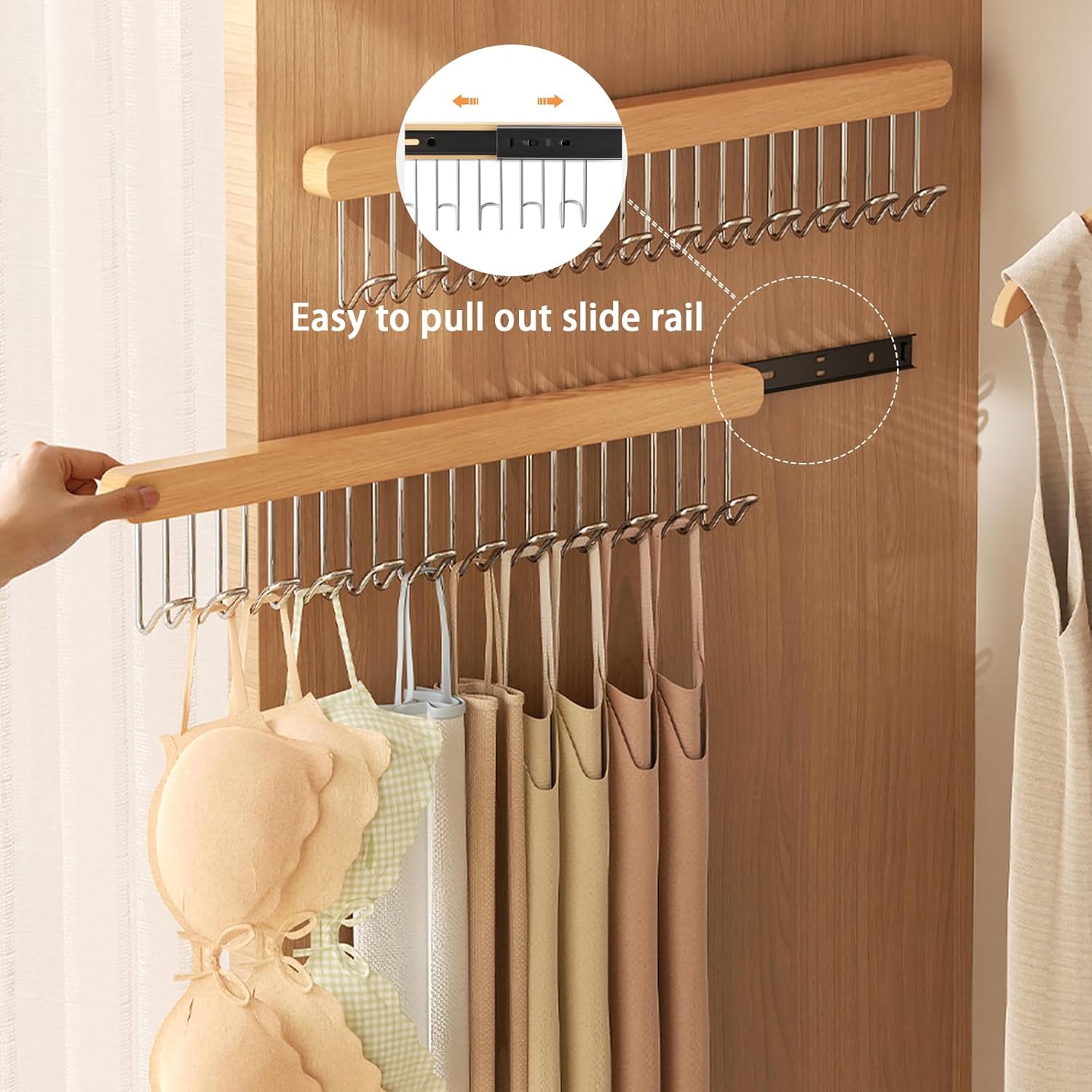 2 pack 16.2 inch valet rods for closets, extendable and pull-out wardrobe pole for belt hangers,tie hangers,bra organizer, closet extender hanging rod with 12 metal hooks, closet valet rod slide out