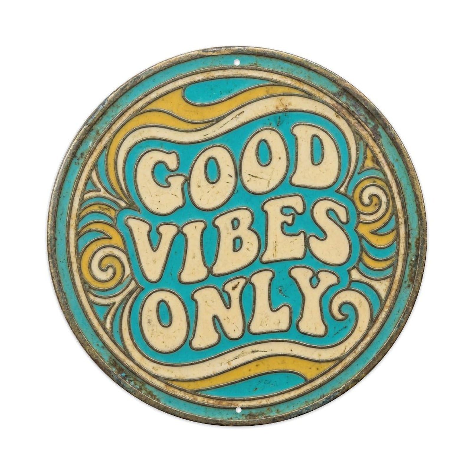Cmhok Vintage Style Good Vibes Only Classic Hanging Ornament Retro Slogans Metal Tin Sign Plaque Wall Decor For Cafe, Club, Garden Round Metal Poster 8X8inch
