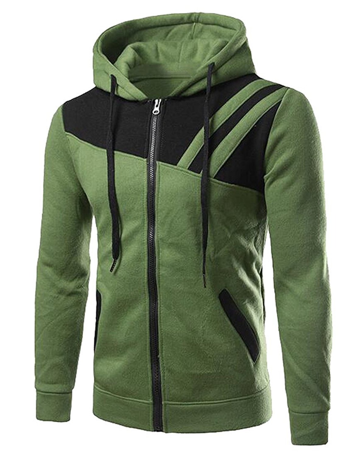 Musamk On Sale Men's Fashion Contrast Full-Zip Slim Fit Hooded Sweatshirt GreenUS-S