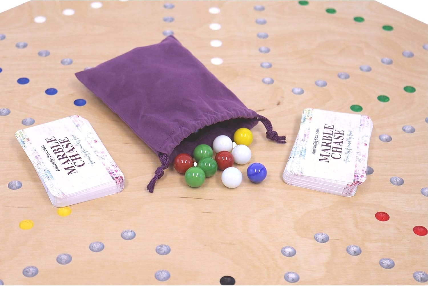 AmishToyBox.com Marble Chase (Cards N' Marbles) Wooden Game Set - Double-Sided 23" Wide Board - Includes Playing Cards and Marbles