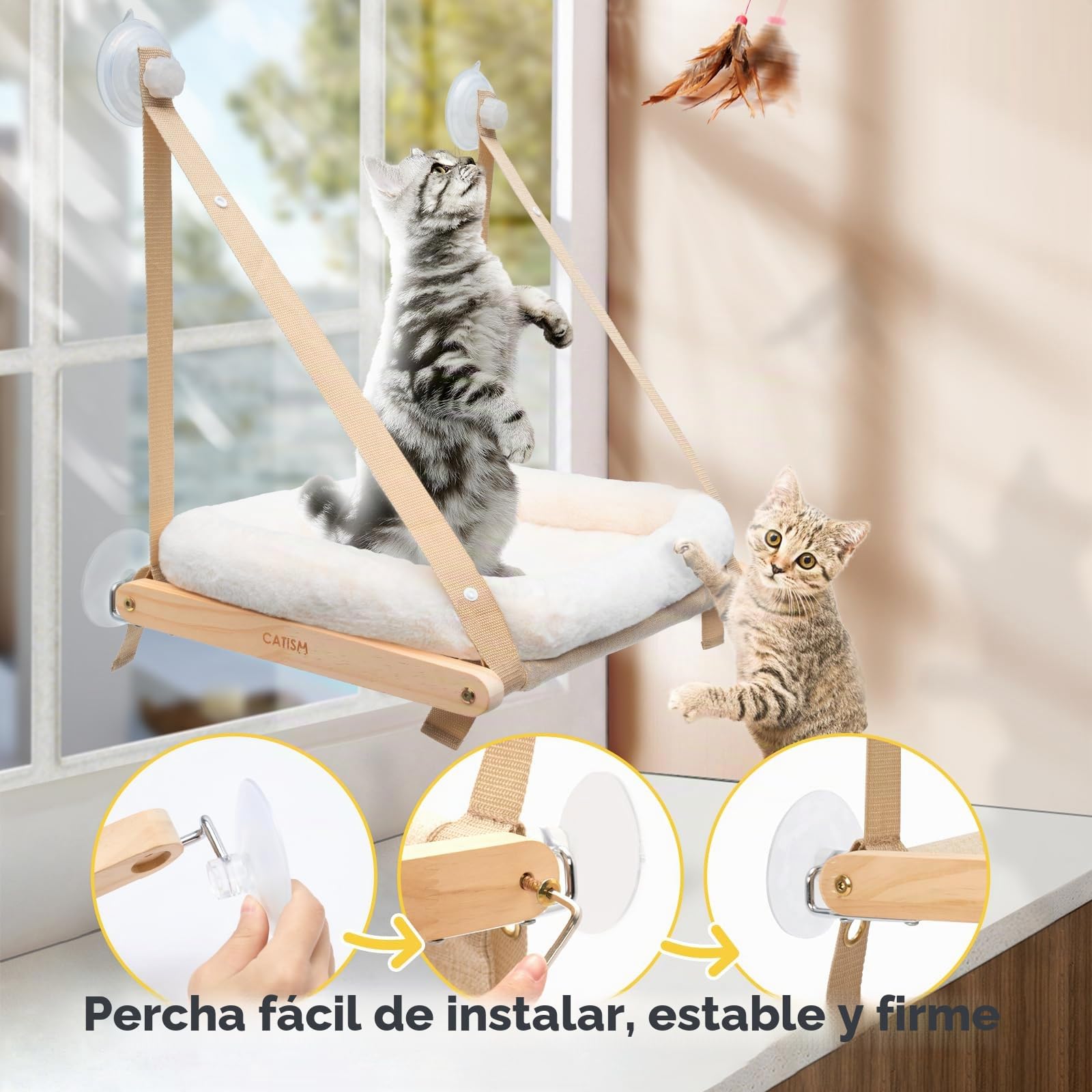 CATISM Plegable Hamaca Gato Ventana con Cojín de hasta 20kg, Hamaca para Gatos con Ventosa Fuerte, Lavable Tela Transpirable, Soporte para alféizar de Ventana, Saco de Dormir para Gatos (50x38cm)