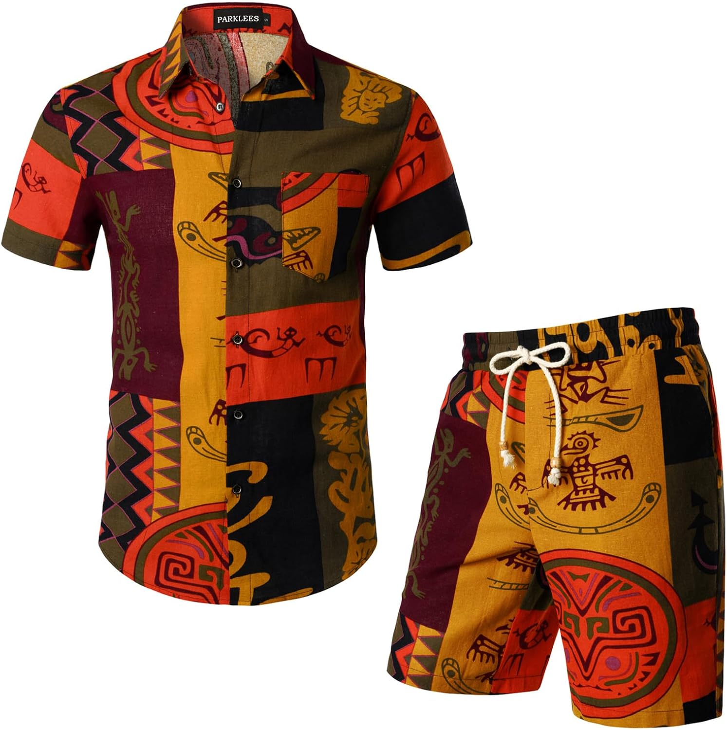 Men’s Summer 2 Piece Set Casual Cotton Linen Printed Vacation Outfits with Pockets