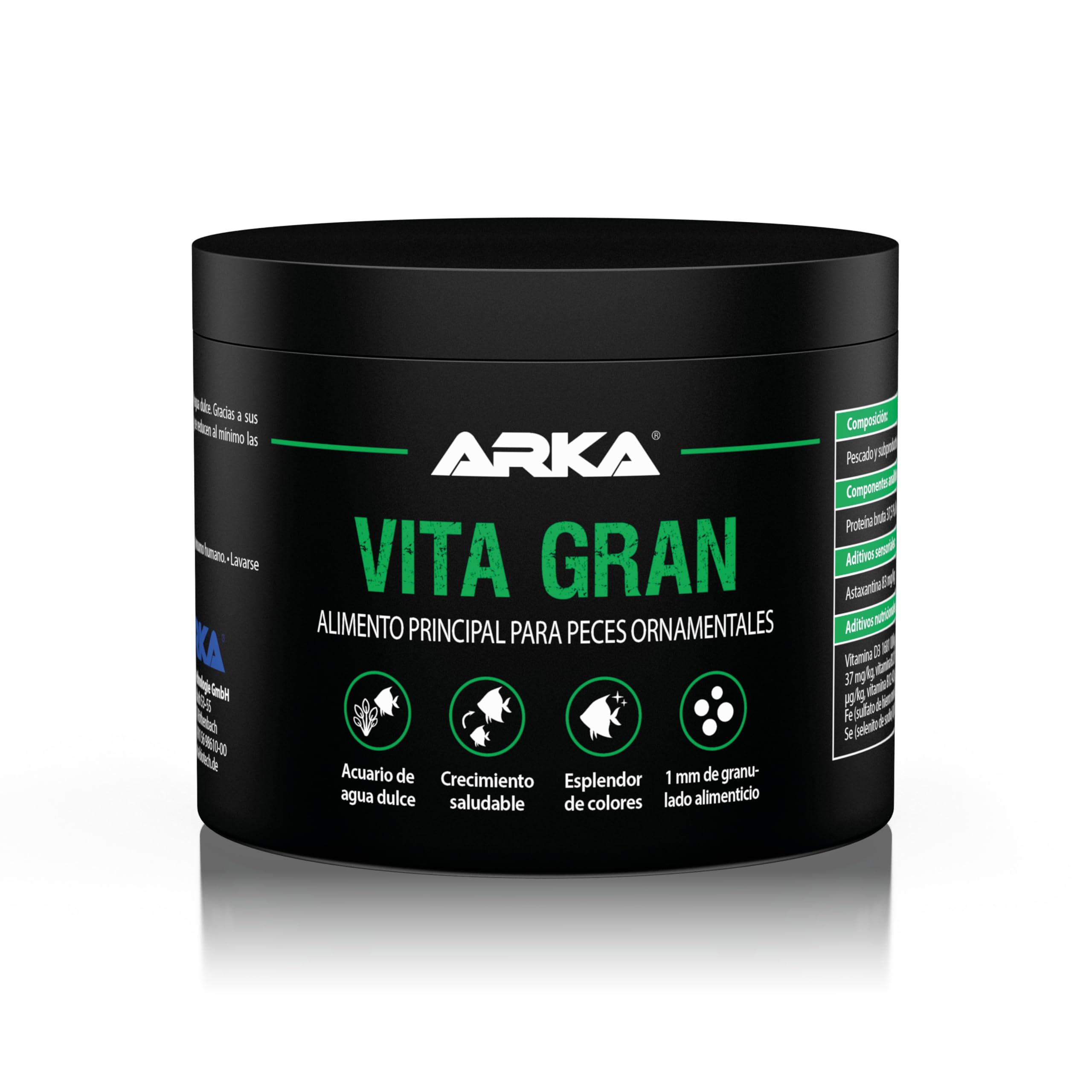 ARKA Vita Gran - 500 ml - Alimento granulado Rico en nutrientes para Colores Vivos y un Crecimiento Sano de los Peces en acuarios de Agua Dulce, prensado en frío.