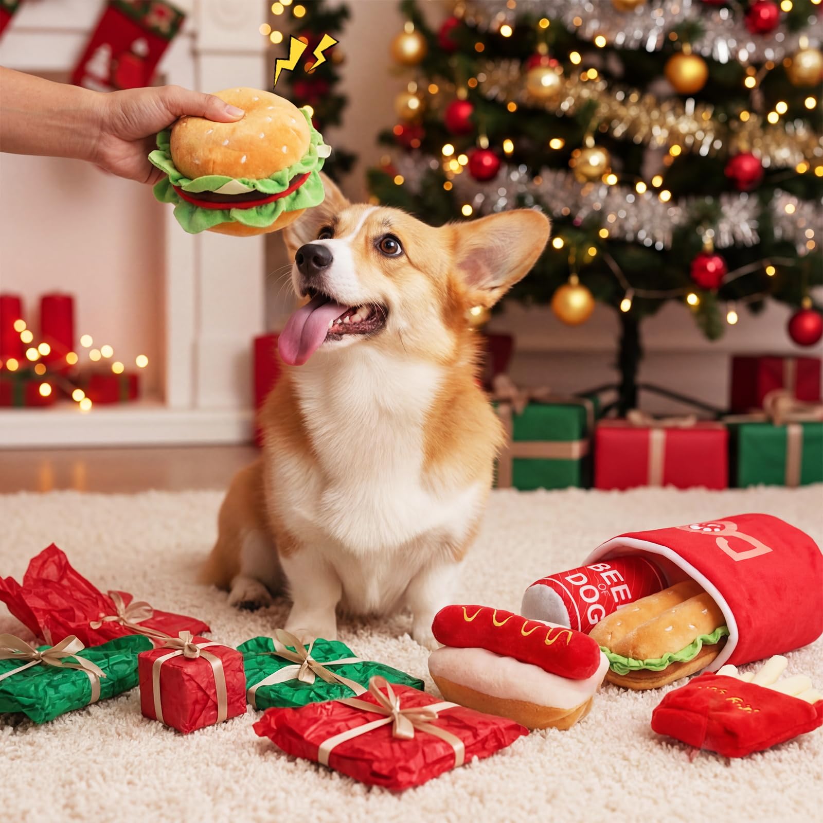 Skylety Lot de 6 jouets en peluche pour chien - Jouets couineurs en peluche en forme de nourriture rapide - Burger frites, cola - Seau à pattes de poulet pour chiens de petite, moyenne et grande