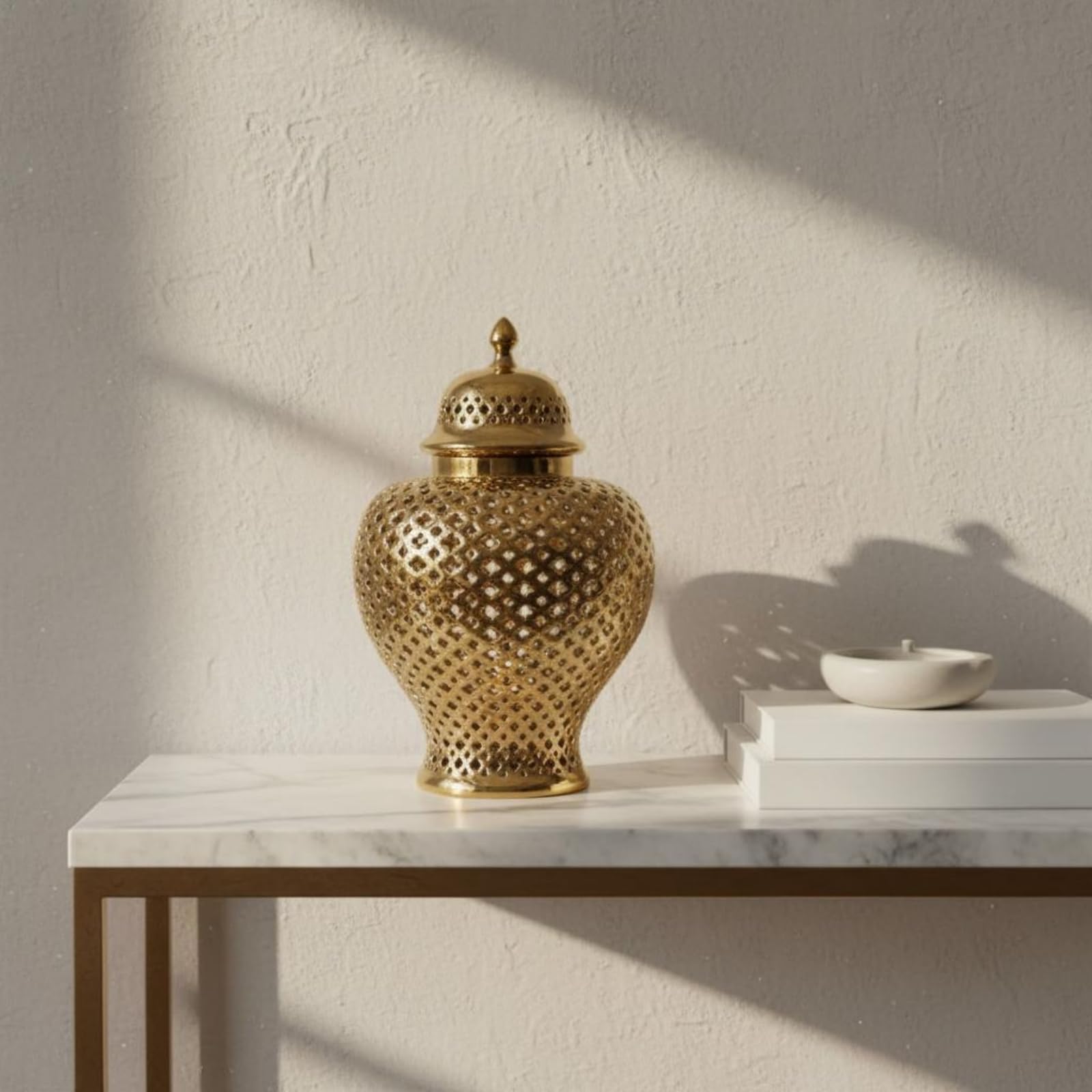 Jarrón Decorativo Cerámico Jarrón Bote Florero Diseño Clásico con Tapa Ceñida y Detalle en Cuerpo y Tapa Superficie Esmaltada Refinada para Brillo, Blanco, Blanco, Grande
