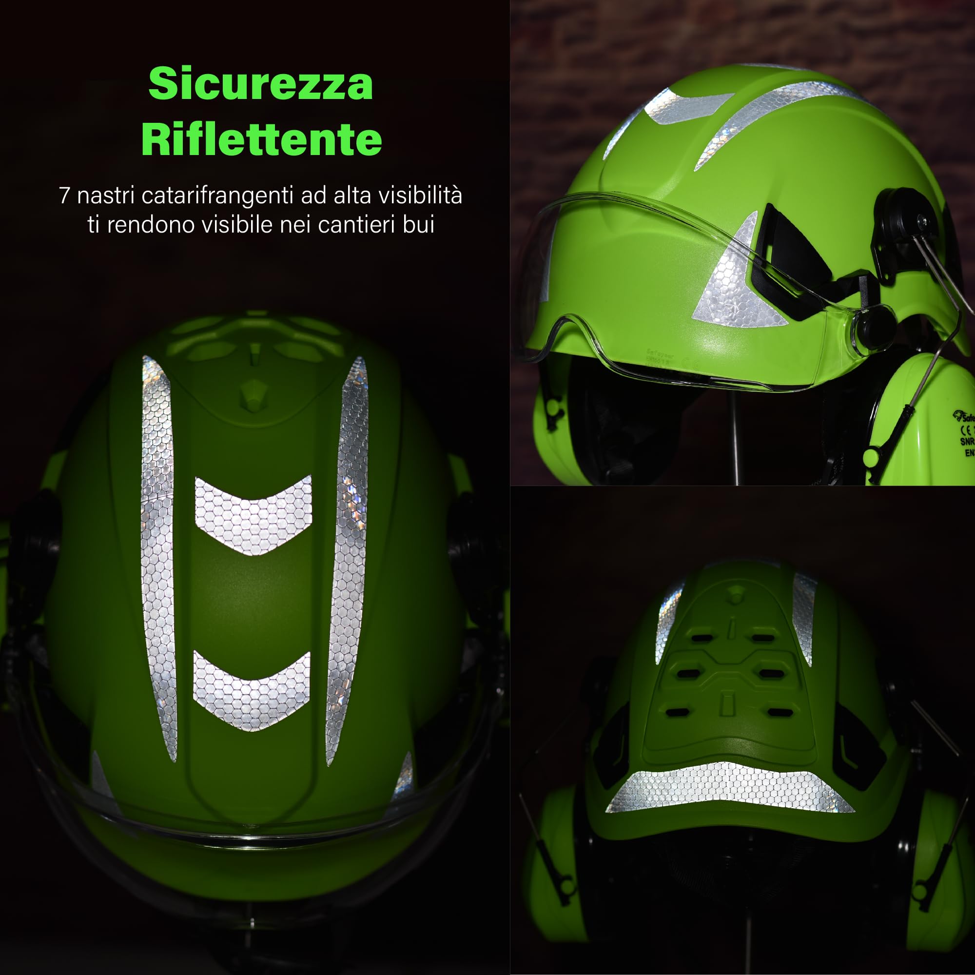 SAFEYEAR Casco protettivo adulto con occhiali antigraffio, paraorecchie, casco di sicurezza ABS EN397, nastro riflettente, fori traspiranti, adatto per lavori e attività all'aperto industriali e vari