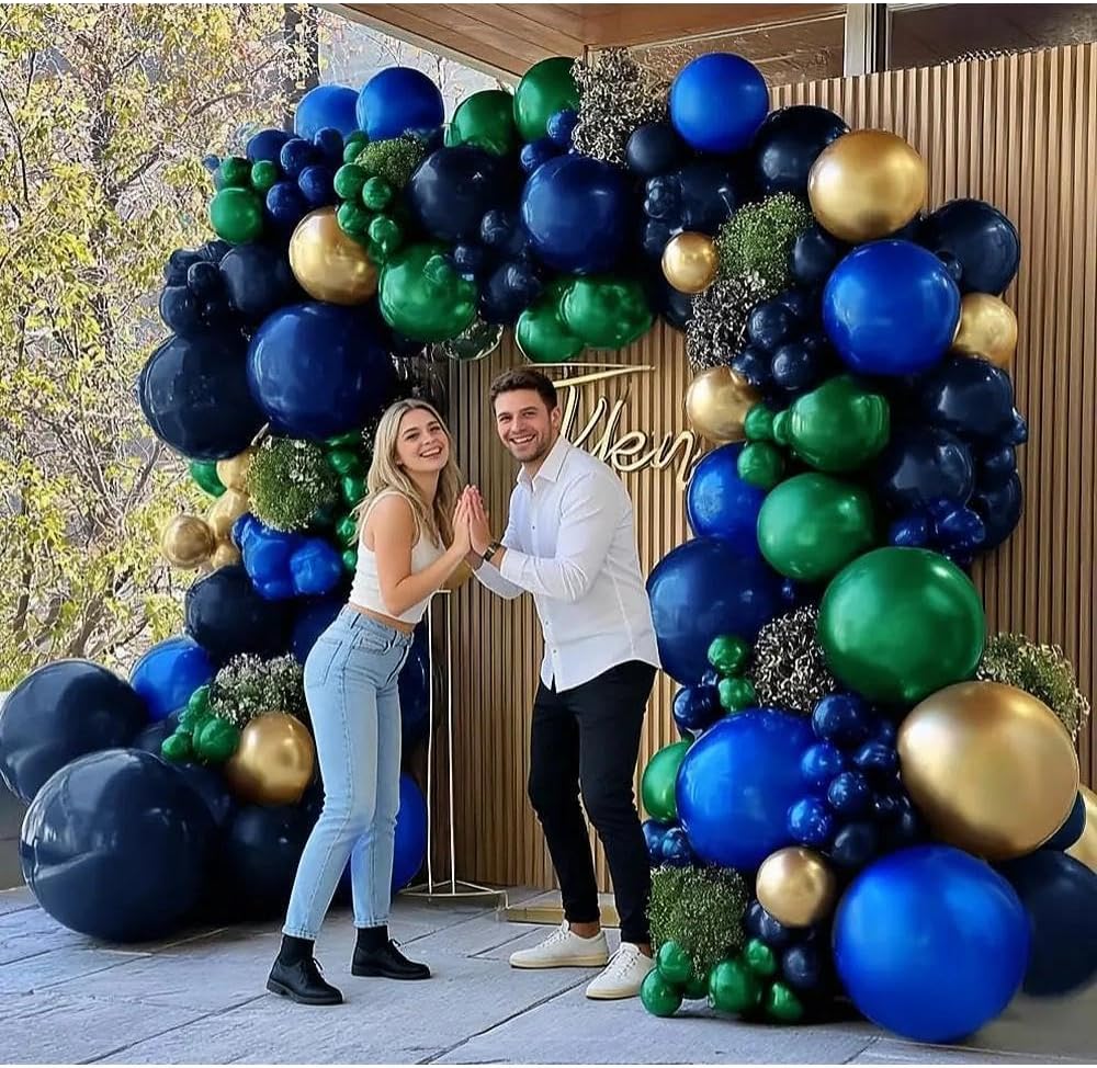 Dark Green Blue Balloon Garland, Double Stuffed Navy Royal Blue Emerald Green Gold Balloon Arch Kit for Birthday Graduation Wedding Anniversary Baby Shower Father‘s Day Party Decoration