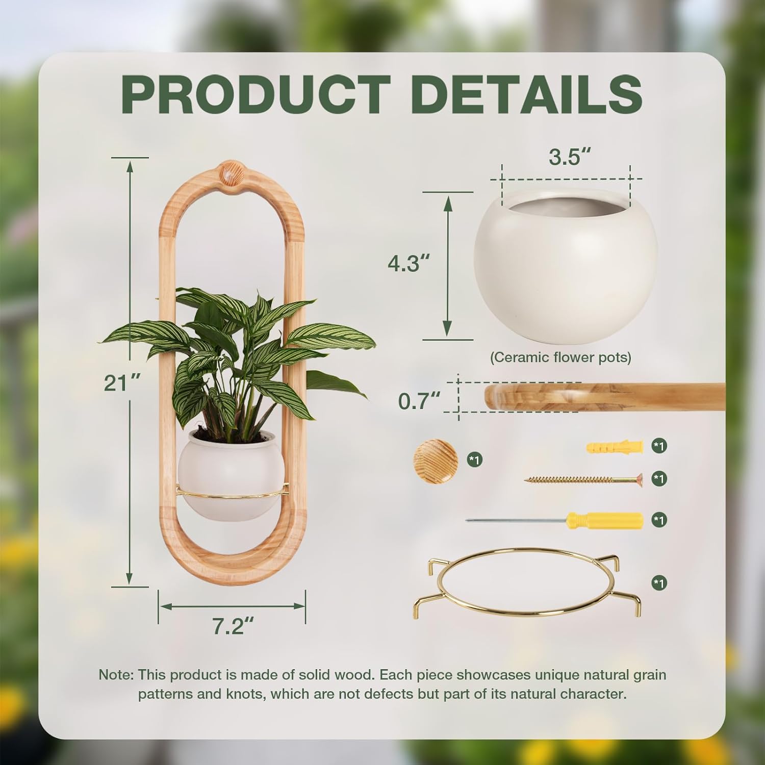 Wooden Wall Planters for Indoor with Ceramic Pot - Modern Hanging Plant stand Shelf for Indoor Plants, Wall Mounted Plant Holder for Living Room, Bedroom, Wall Decor - Raw Wood Color (Set of 1)