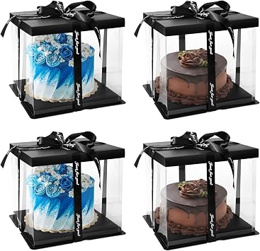 4 Pack Clear Cake Box Carrier 10" X 10" X 9" Cake Packaging Container with Ribbon Transparent Boxes with Lid Gift Package for Birthday Wedding Party, Black
